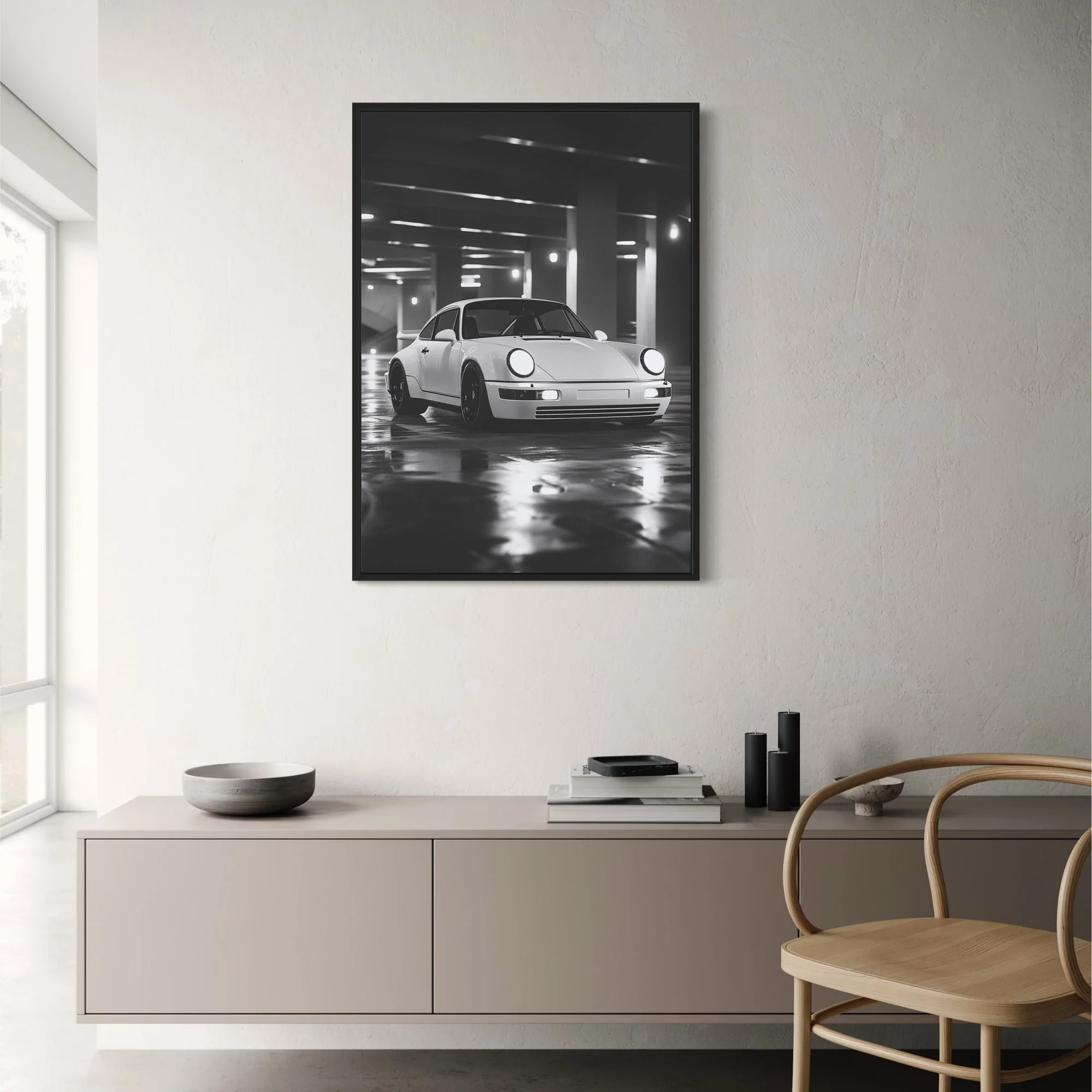 Retro White Sports Car | Black & White Automotive Design - Image 2