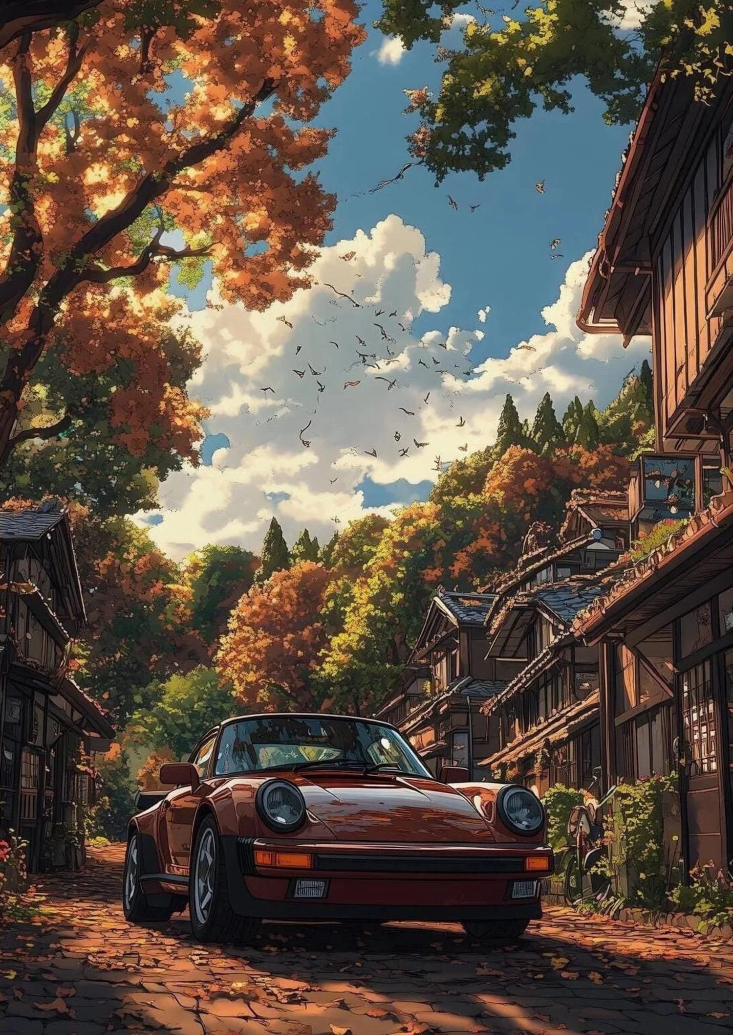 Vintage Red Sports Car | Autumn Village | Japanese Architecture | Maple Trees - Image 4
