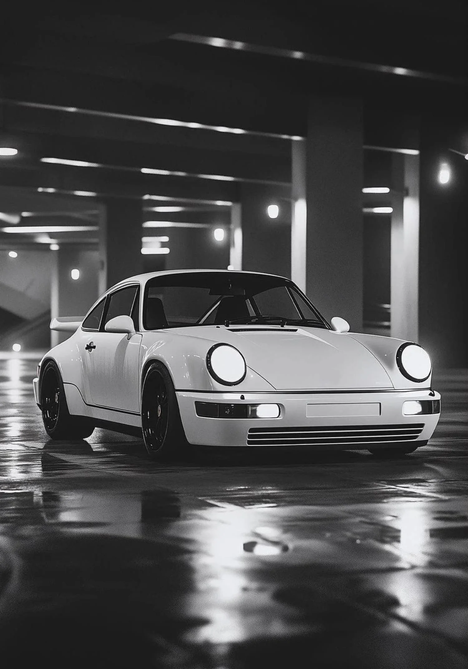 Retro White Sports Car | Black & White Automotive Design - Image 4