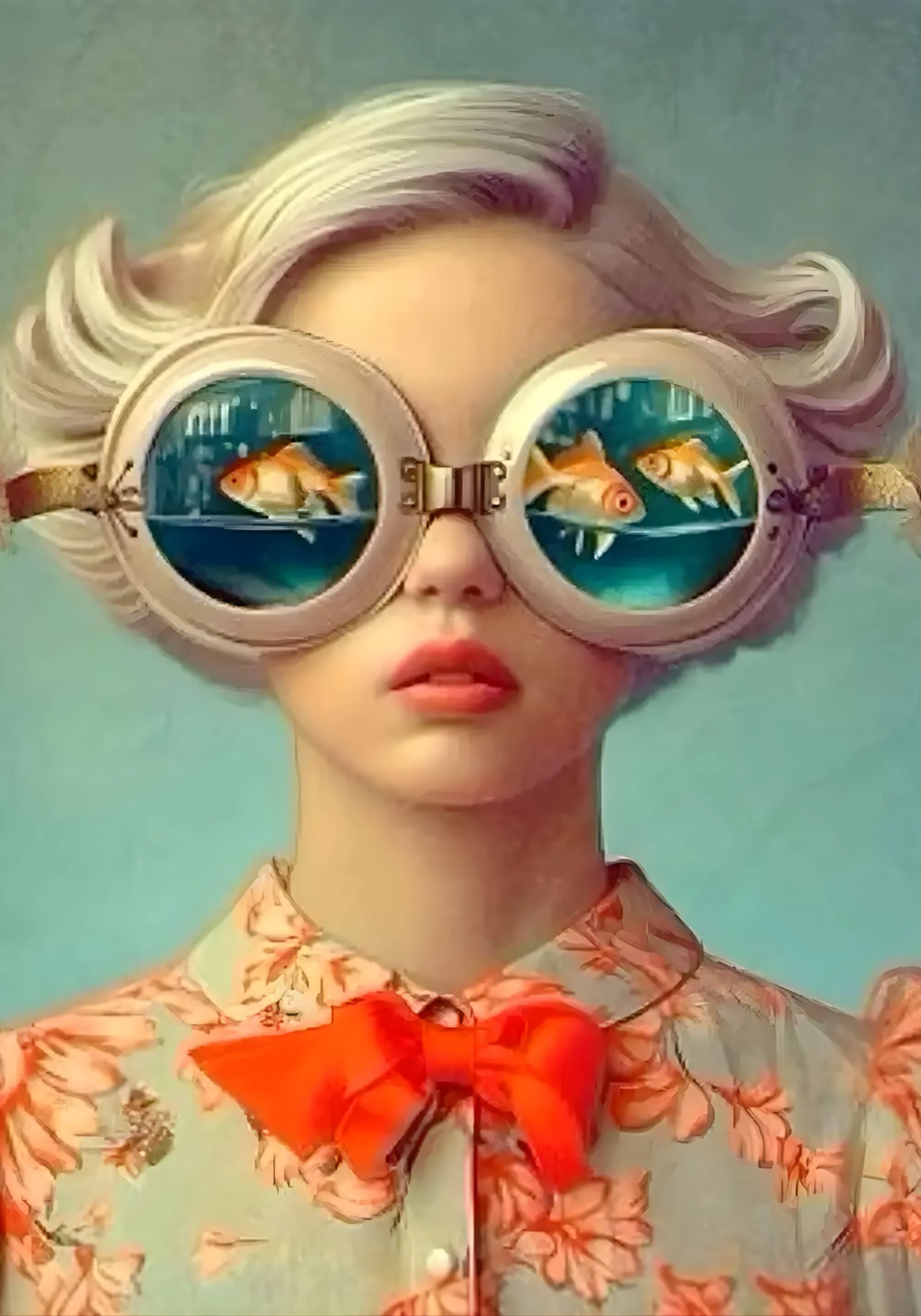 Floral Girl | Woman with Fish | Serene Aqua Backdrop - Image 4