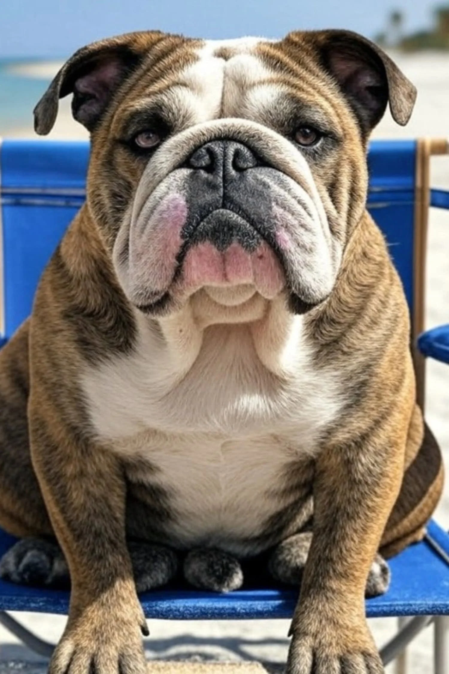 Beach Day Bulldog | Relaxed Portrait in Blue Chair - Image 4