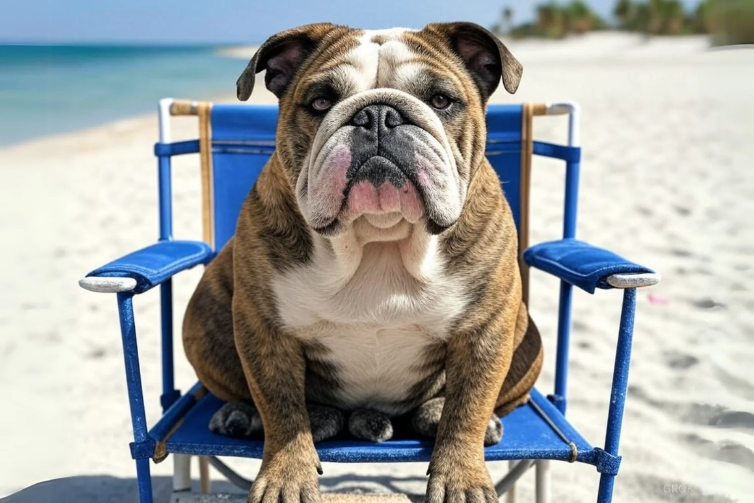Beach Day Bulldog | Relaxed Bulldog in Blue Chair