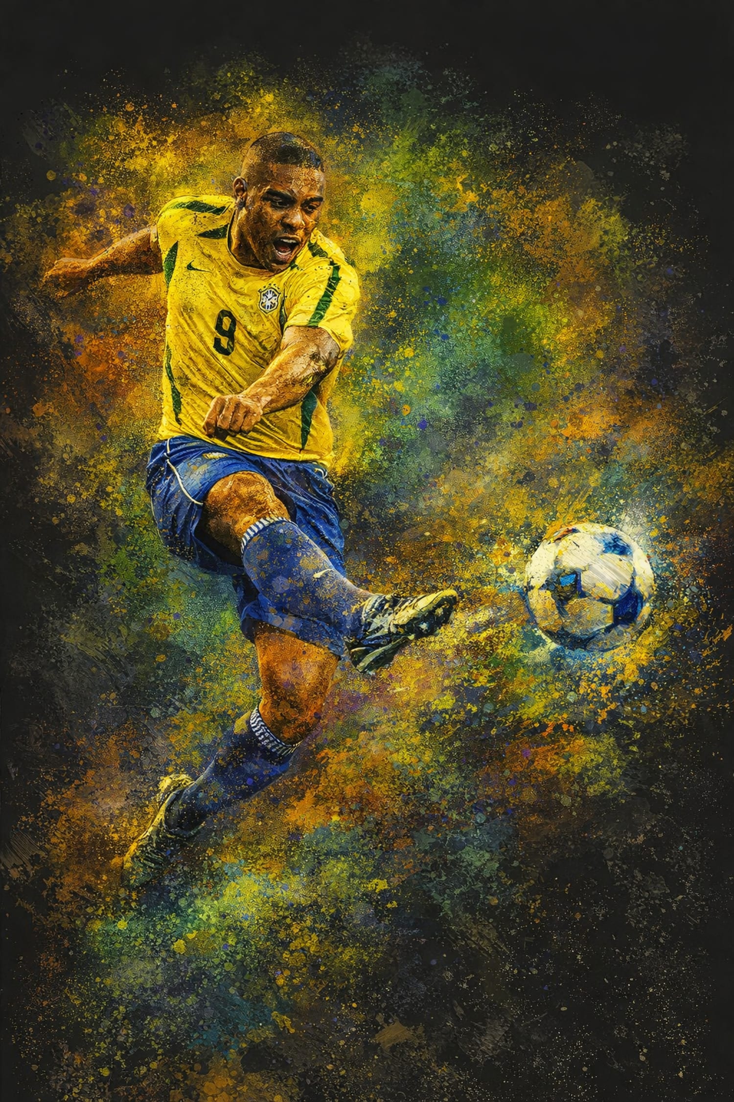 Brazilian Soccer Player Art | Sports Poster with Kick | Energetic Yellow Green Blue Splash | Home Wall Decor Print - Image 4