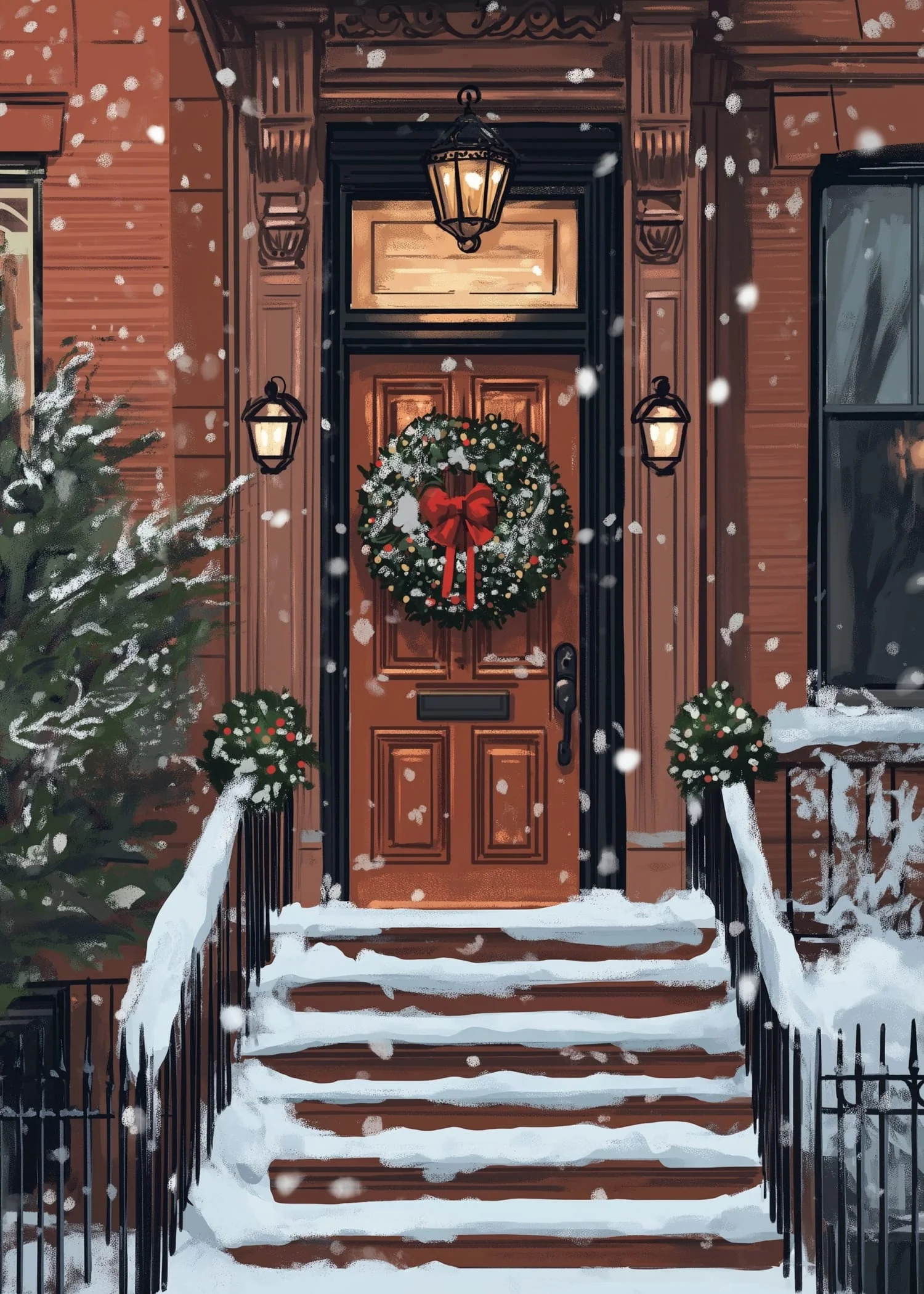 Charming Snowy Brownstone Porch | Cozy Winter Scene - Image 4