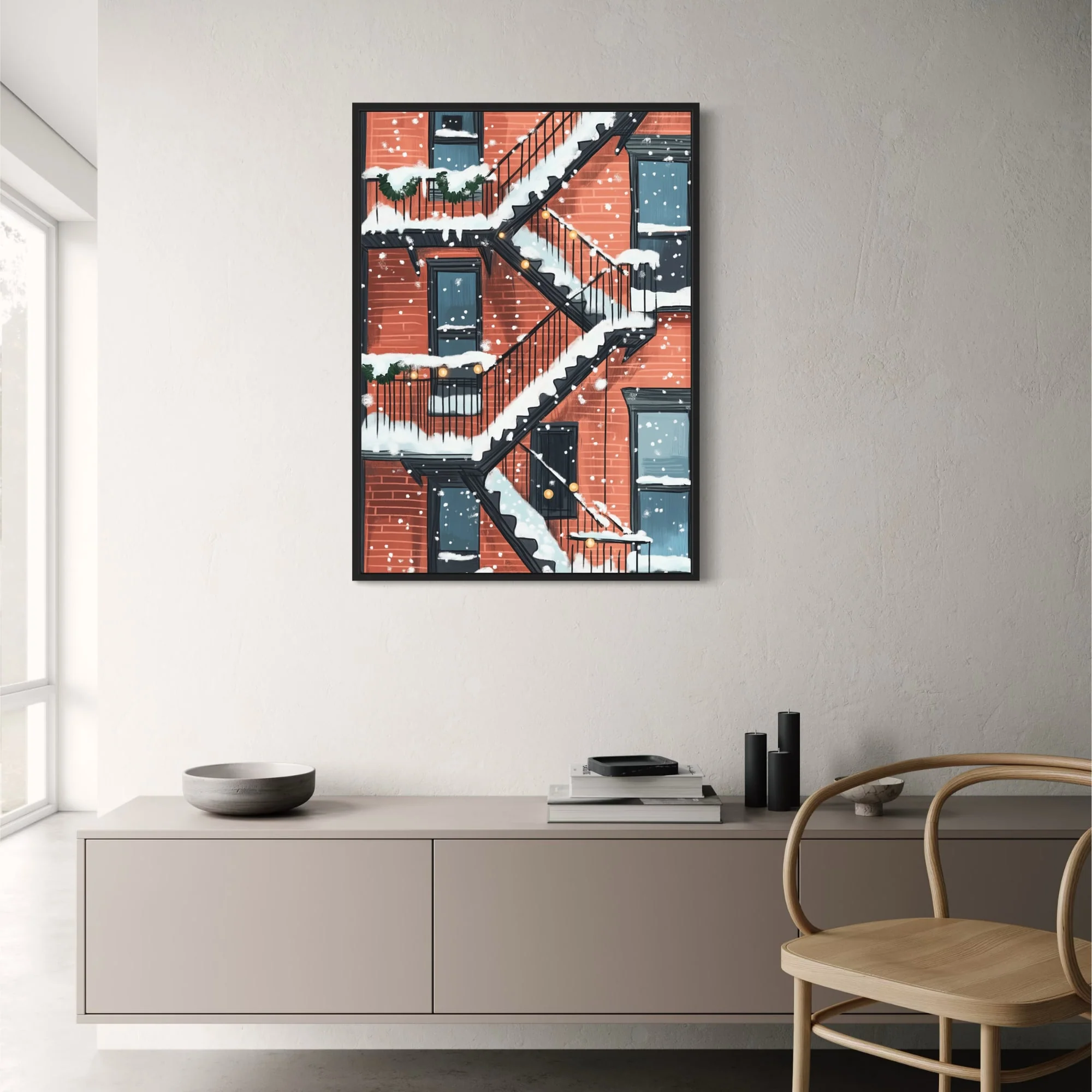 Urban Winter Scene | Fire Escape & Holiday Lights - Image 2