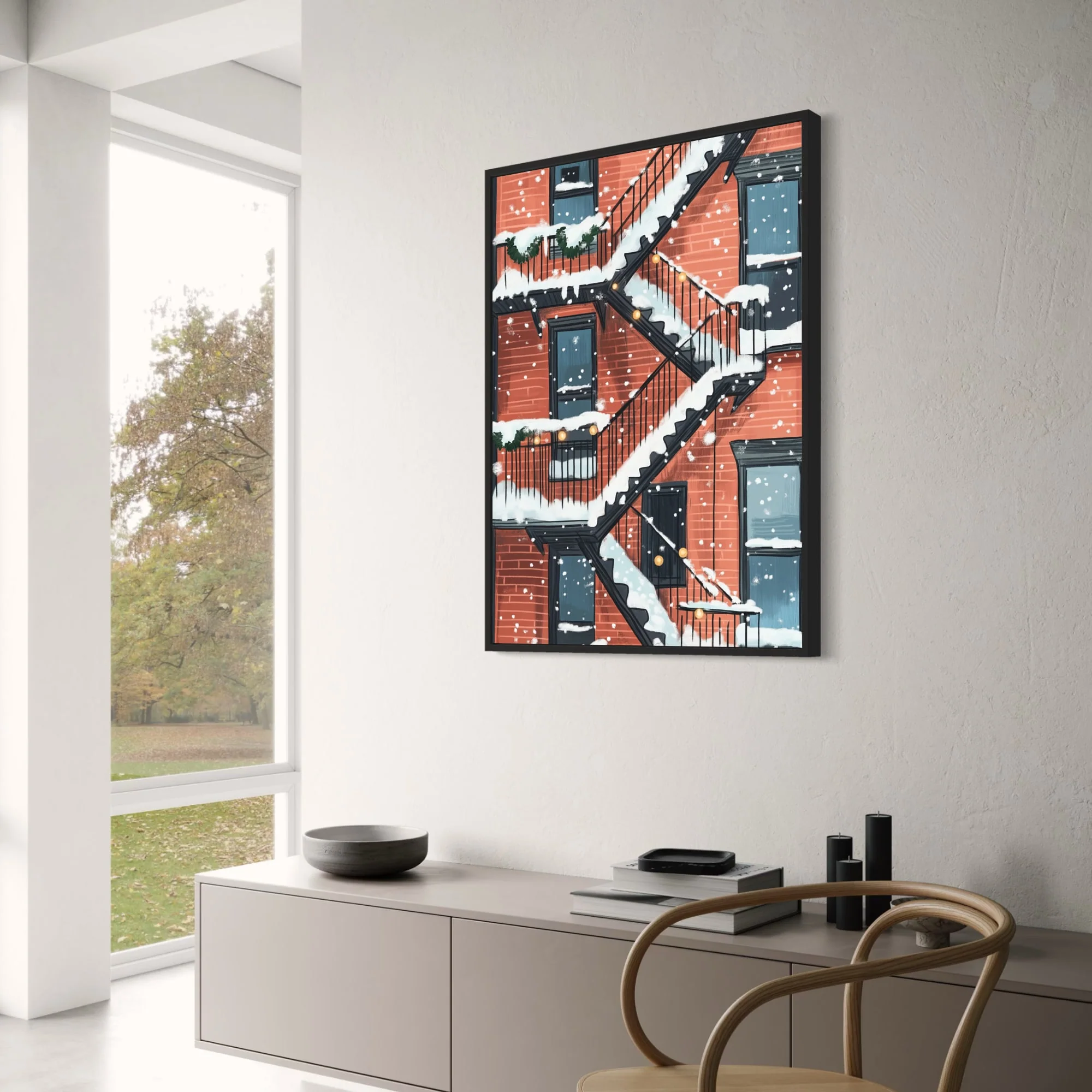 Urban Winter Scene | Fire Escape & Holiday Lights - Image 3