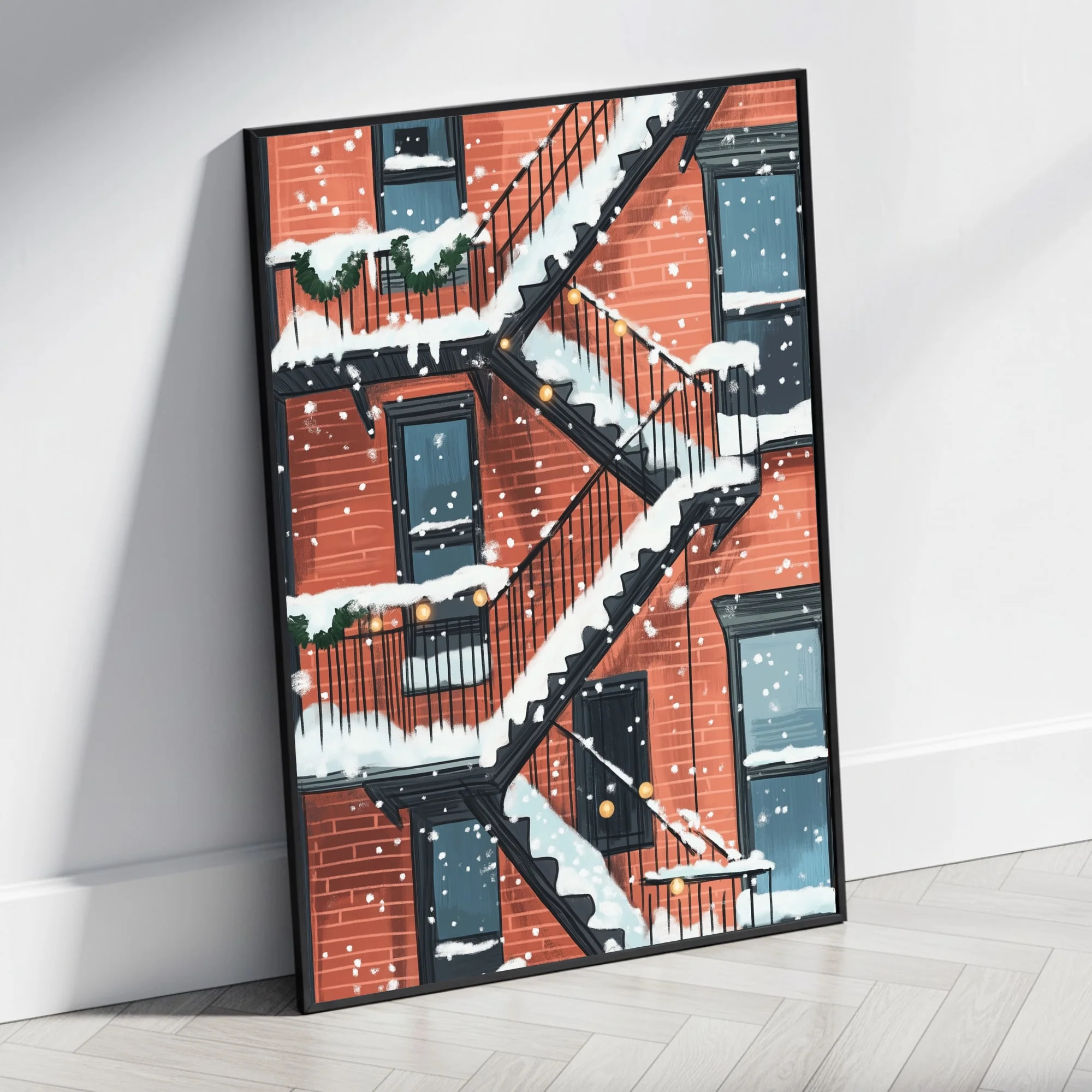 Urban Winter Scene | Fire Escape & Holiday Lights - Image 4