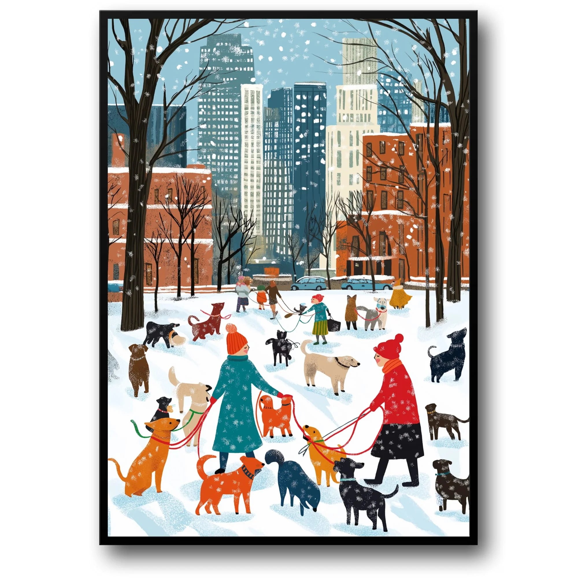 Urban Winter | Dogs & Snowy Park | Red Brick Buildings