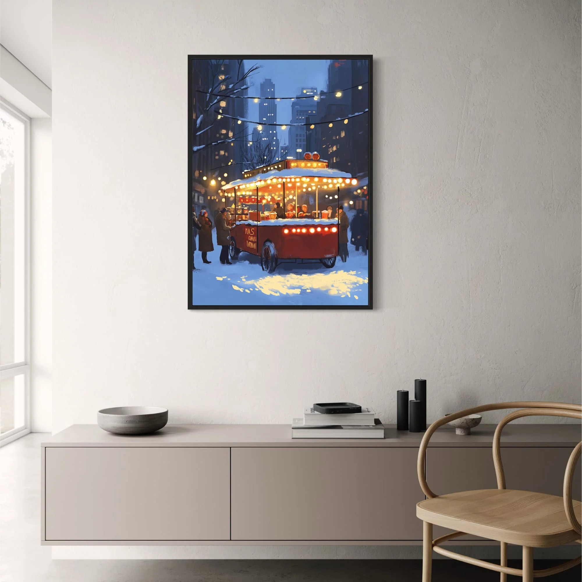 Winter Cityscape | Vintage Hot Dog Stand | Festive Lights - Image 2