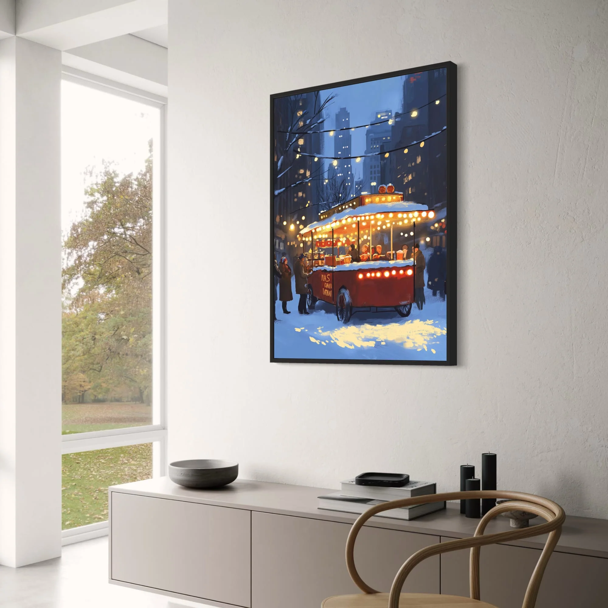 Winter Cityscape | Vintage Hot Dog Stand | Festive Lights - Image 3