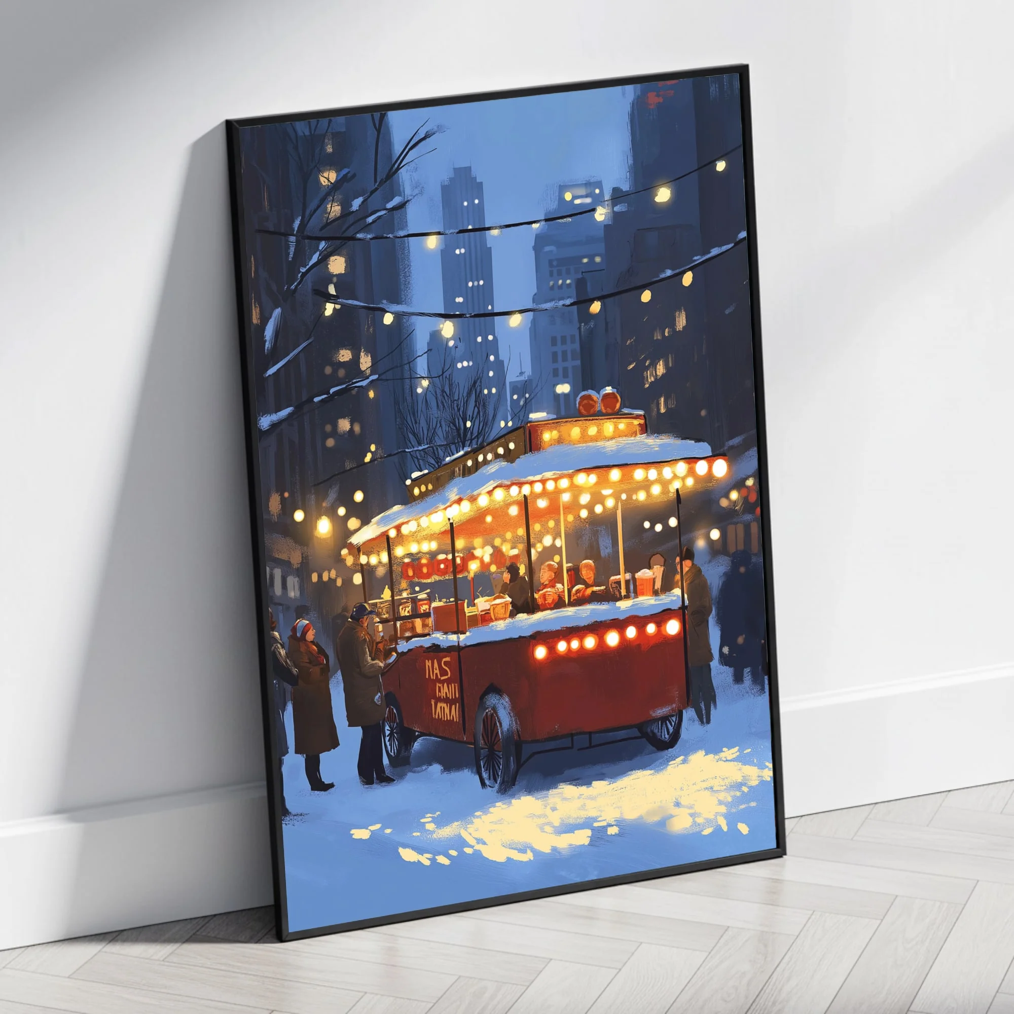 Winter Cityscape | Vintage Hot Dog Stand | Festive Lights - Image 4