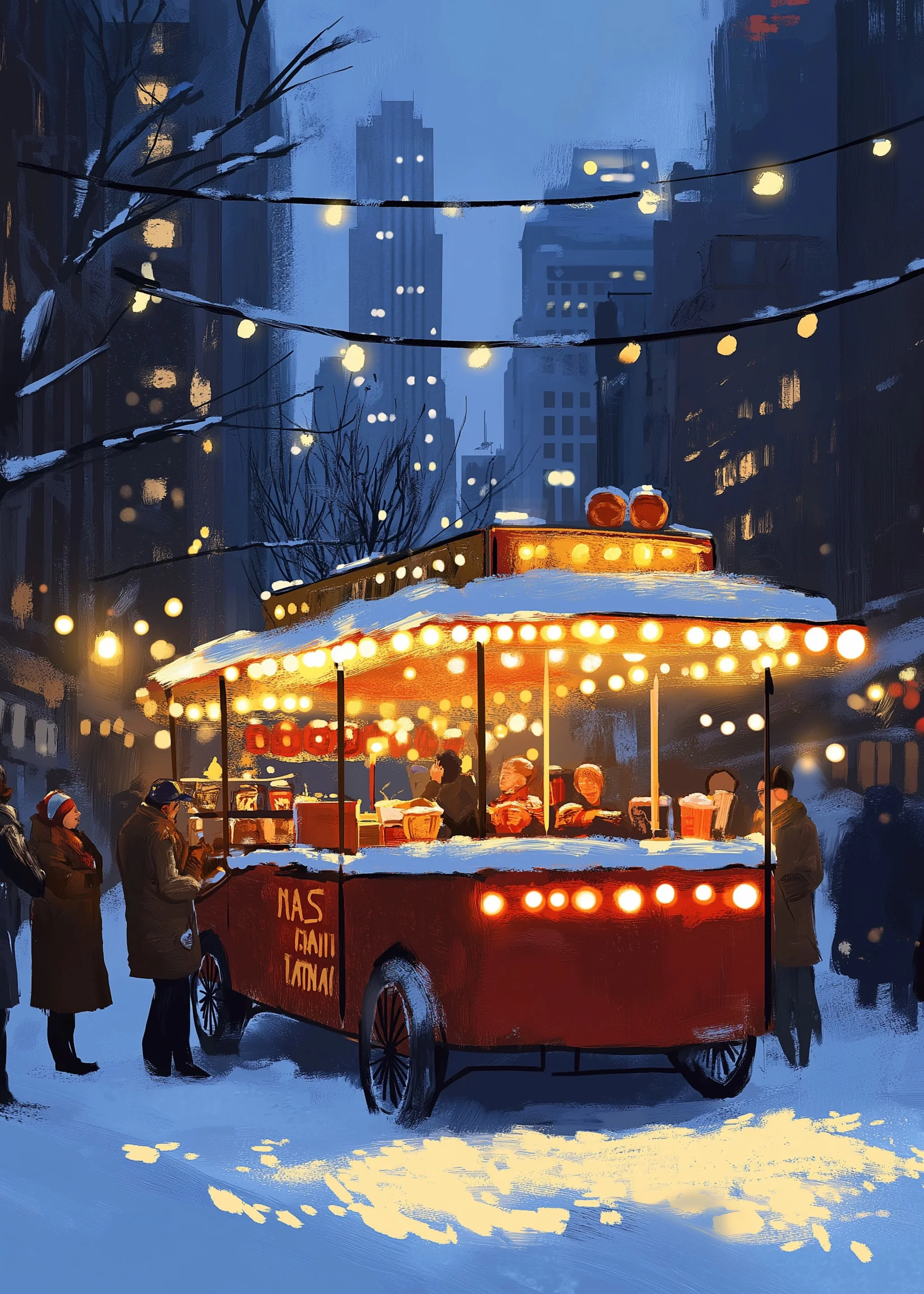 Winter Cityscape | Vintage Hot Dog Stand | Festive Lights - Image 5