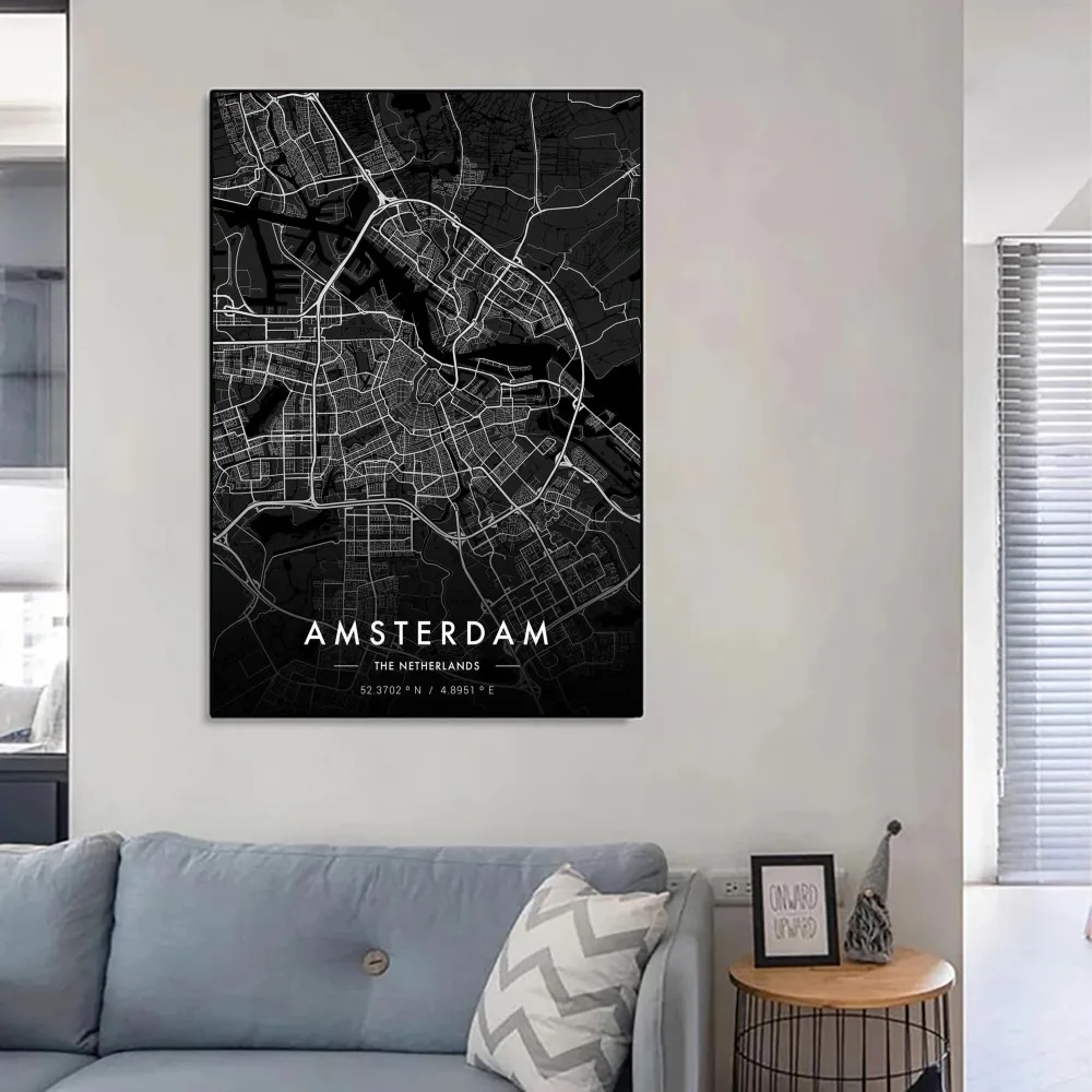 Amsterdam City Map | Black & White Modern Decor