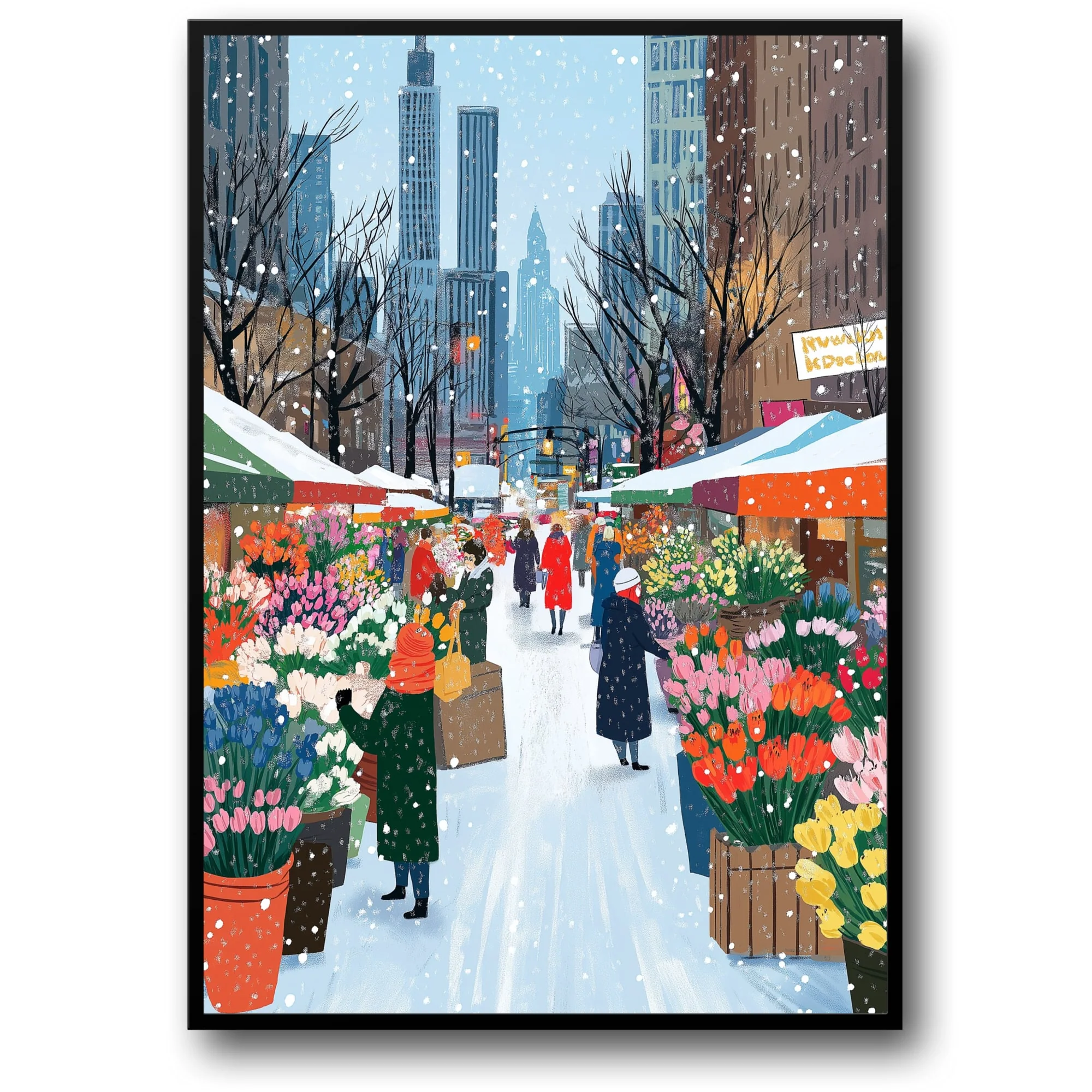 Urban Winter Scene | Flower Stalls | Snowflakes & Skyscrapers