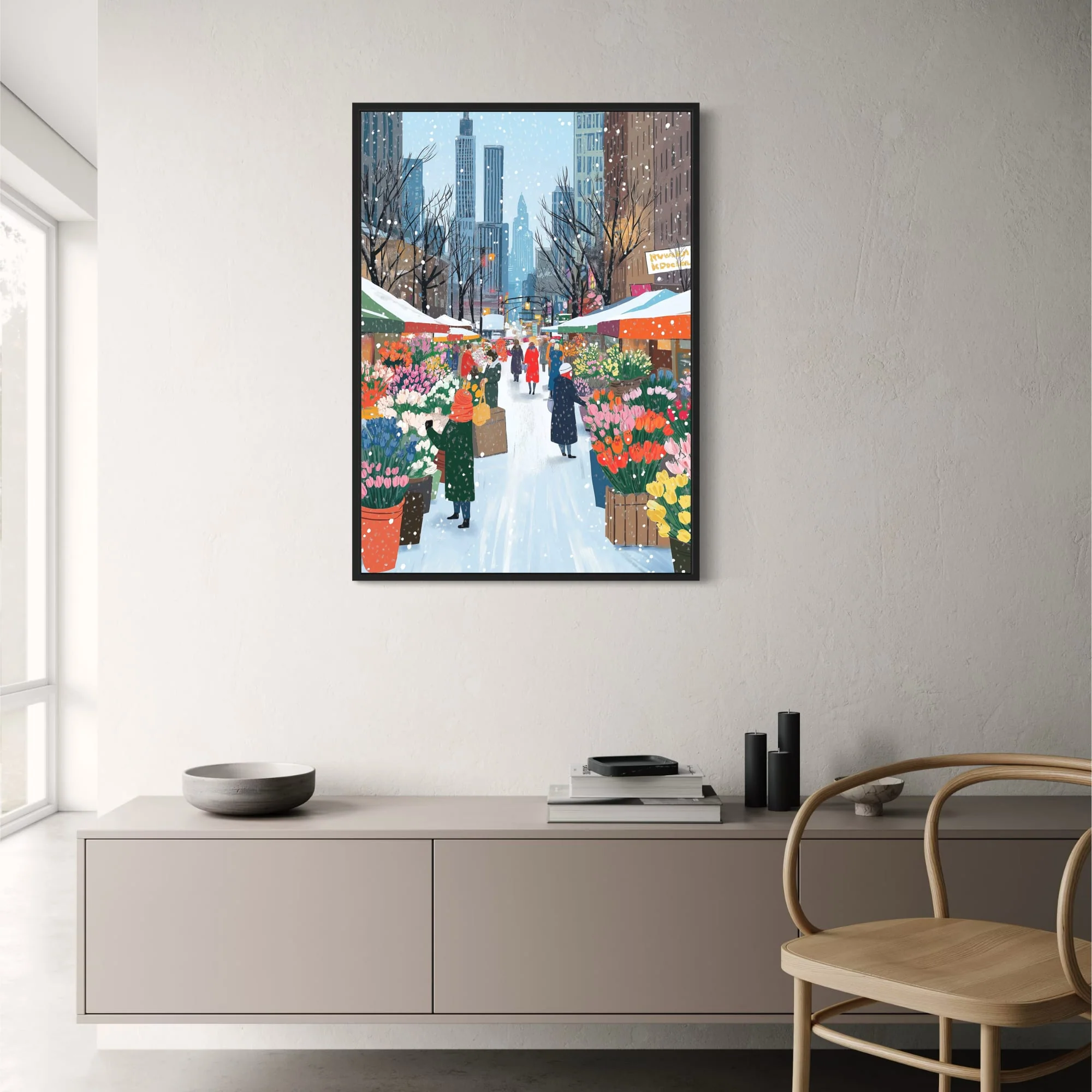 Urban Winter Scene | Flower Stalls | Snowflakes & Skyscrapers - Image 2