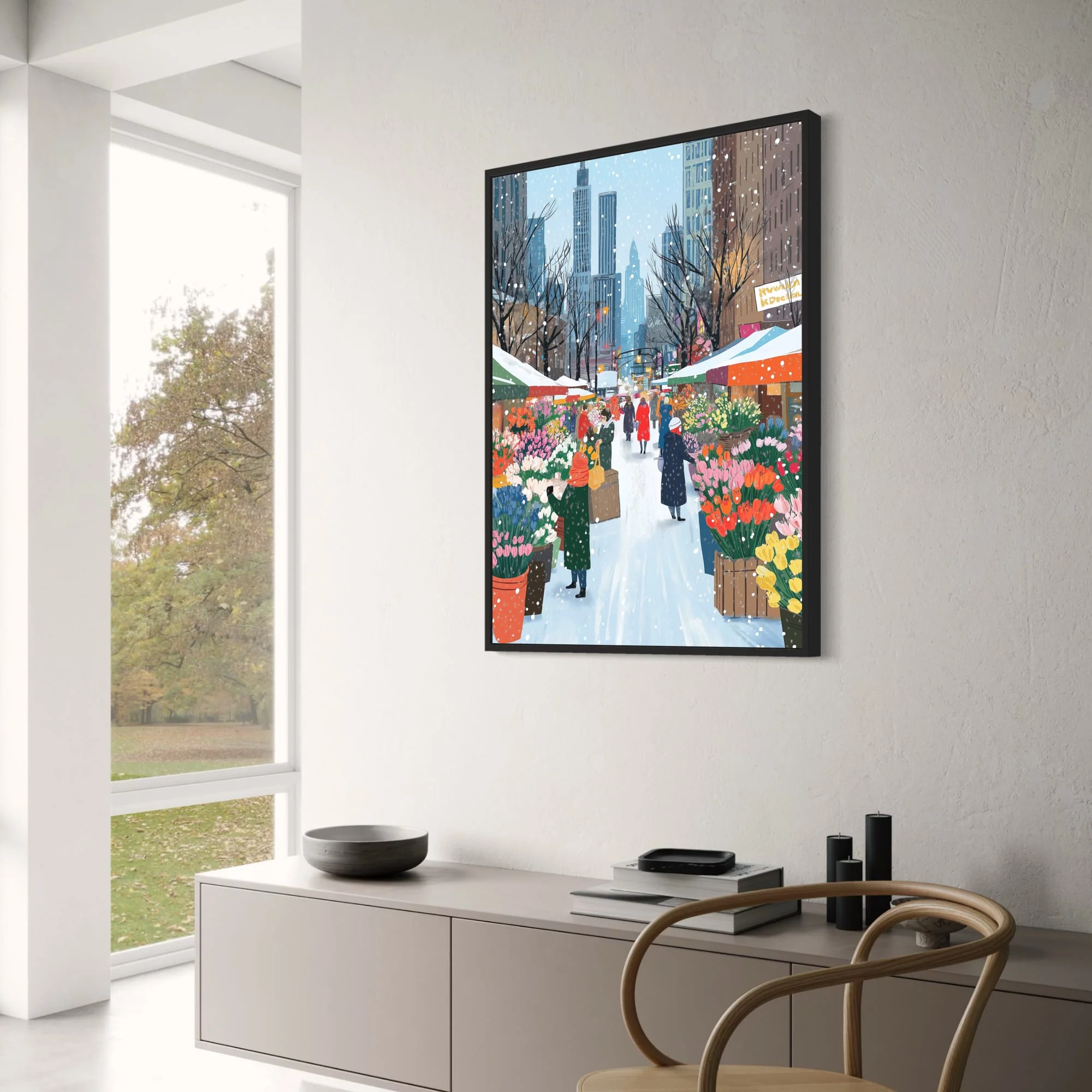 Urban Winter Scene | Flower Stalls | Snowflakes & Skyscrapers - Image 3
