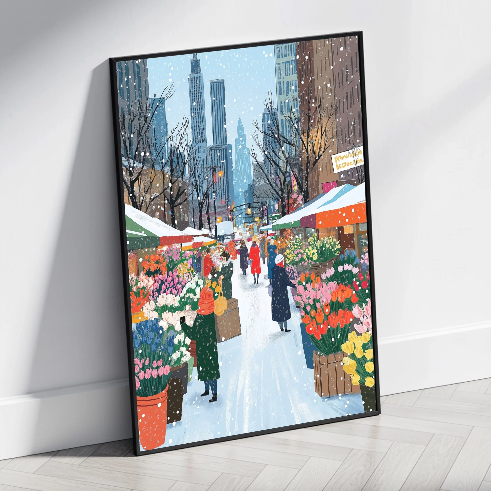 Urban Winter Scene | Flower Stalls | Snowflakes & Skyscrapers - Image 4