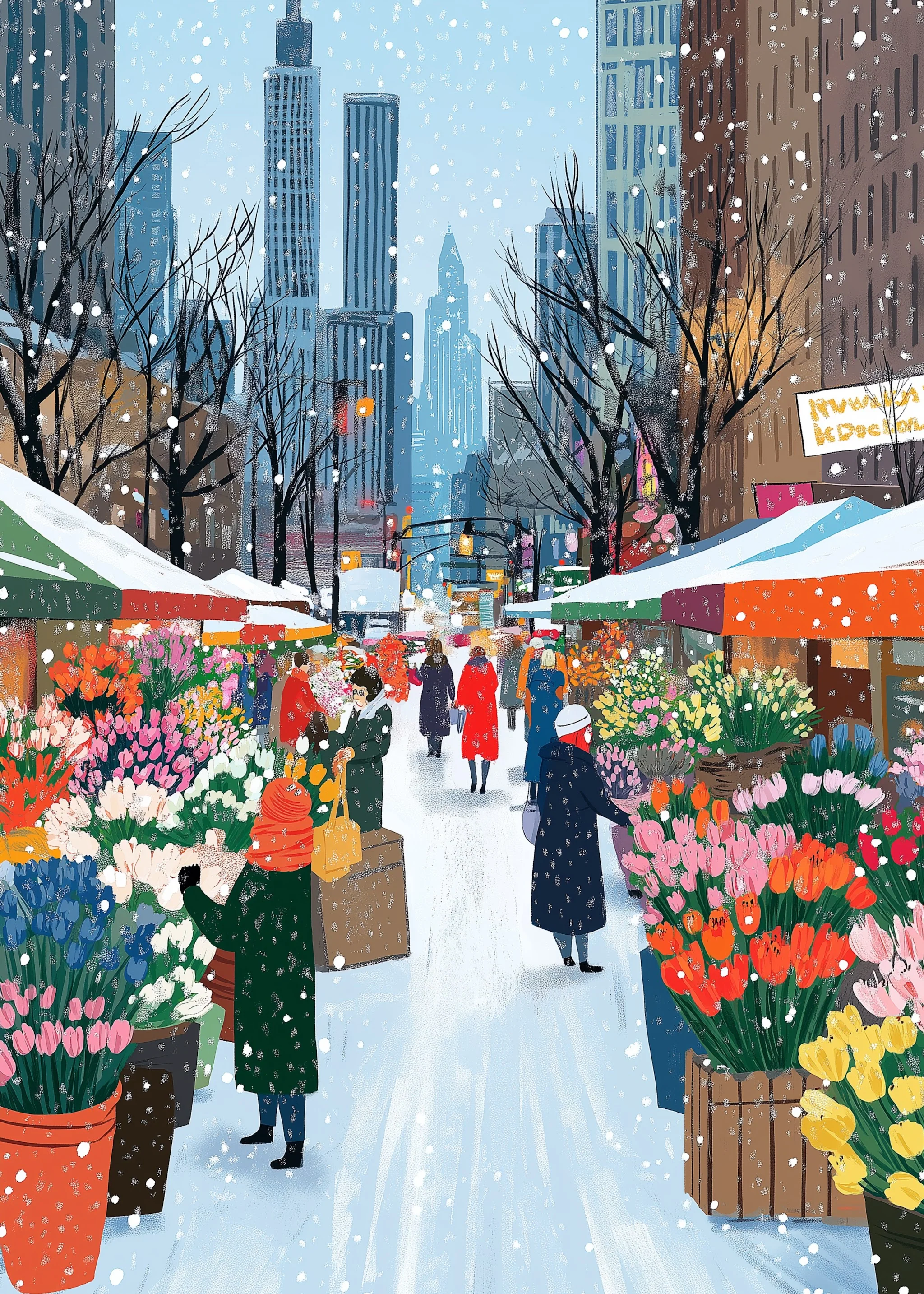 Urban Winter Scene | Flower Stalls | Snowflakes & Skyscrapers - Image 5