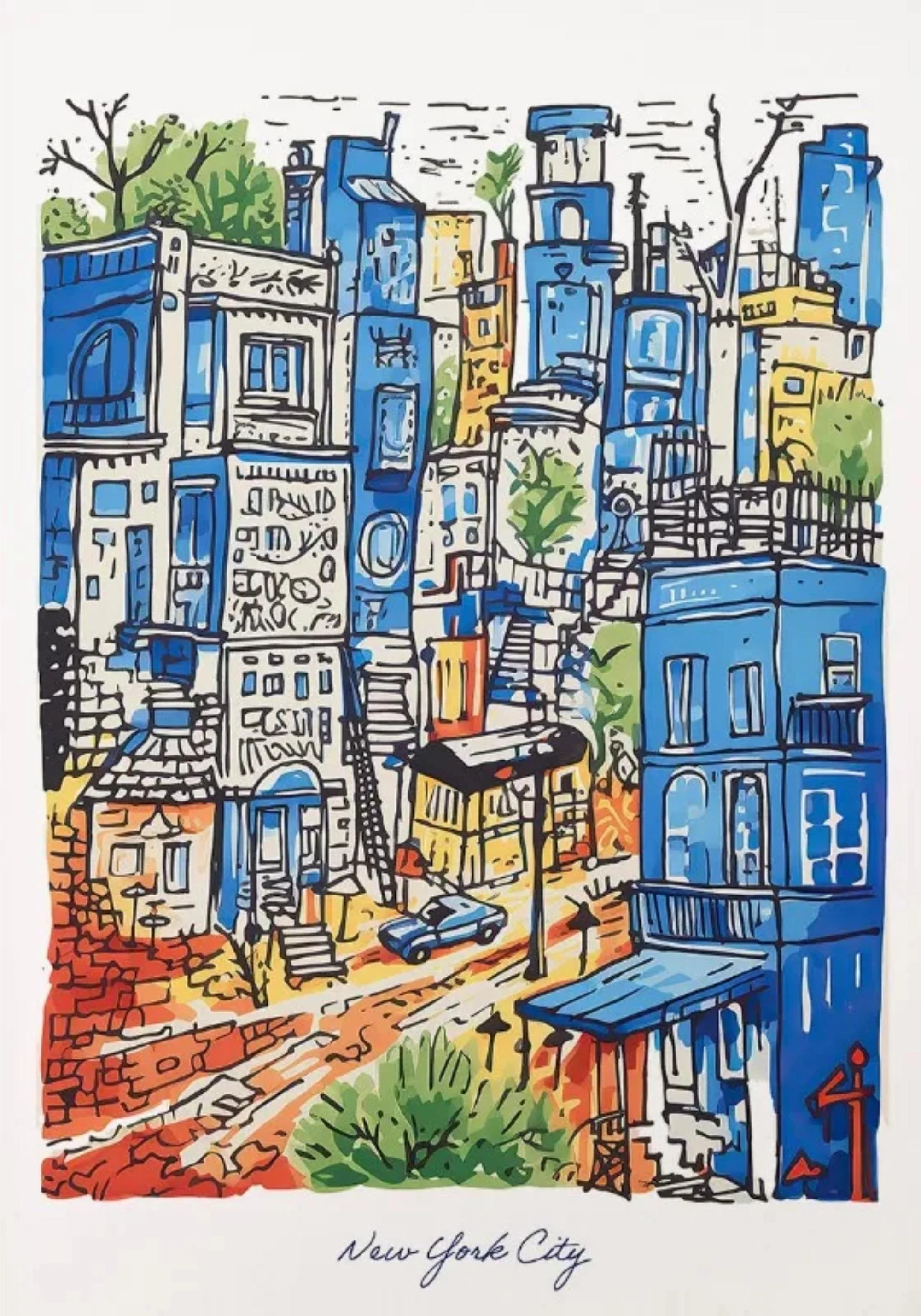 New York City Skyline | Blue and Orange Watercolor - Image 2
