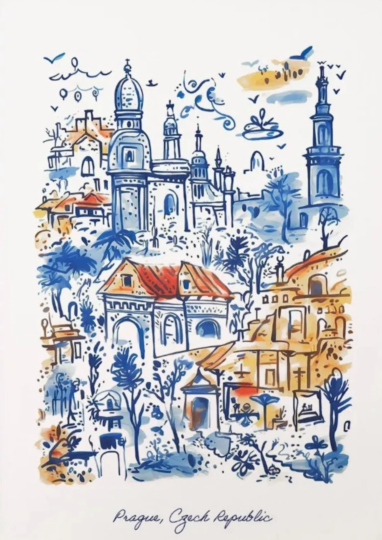 Prague Architecture | Blue & Orange Watercolor - Image 4