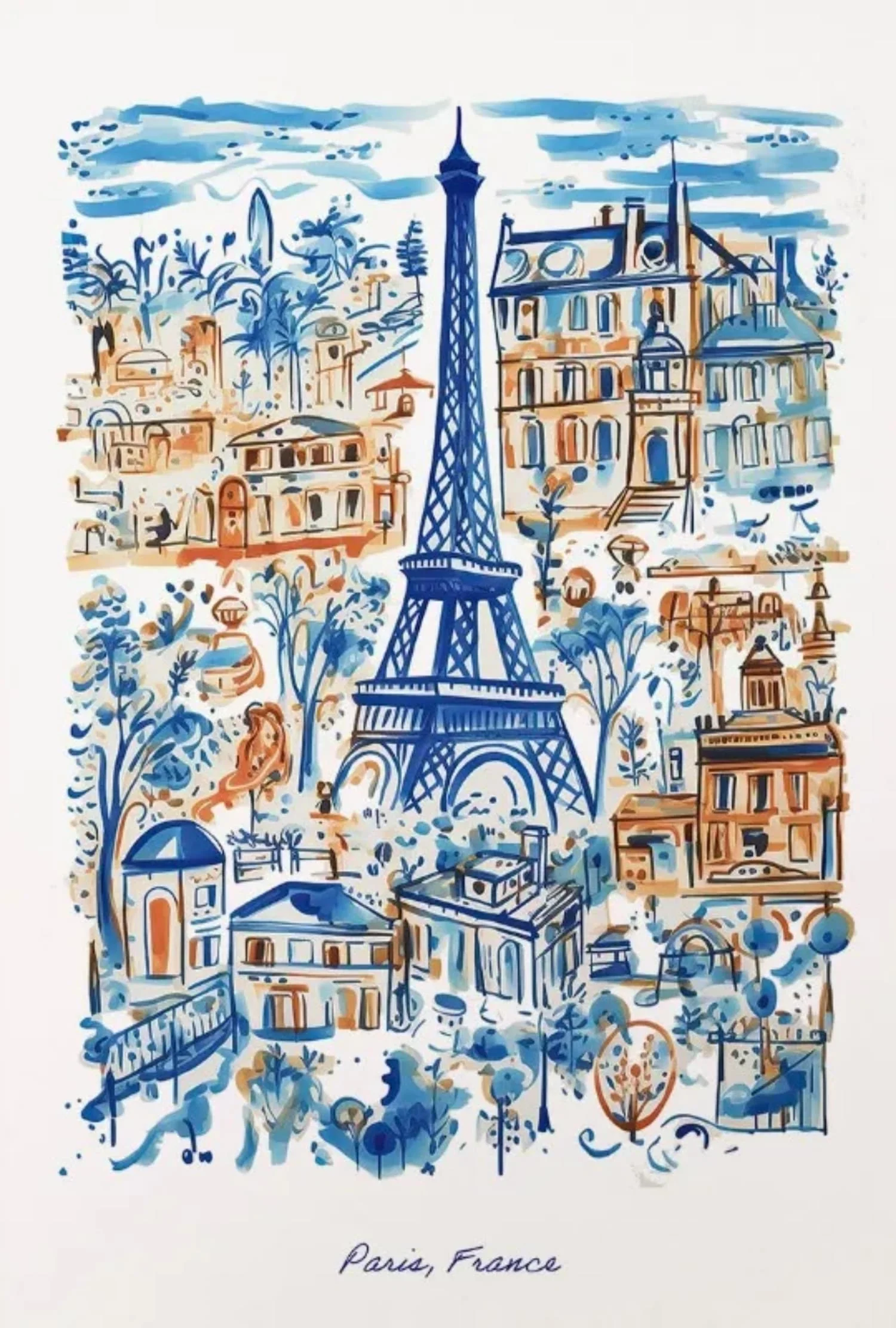 Eiffel Tower Cityscape | Blue & Orange Art - Image 4