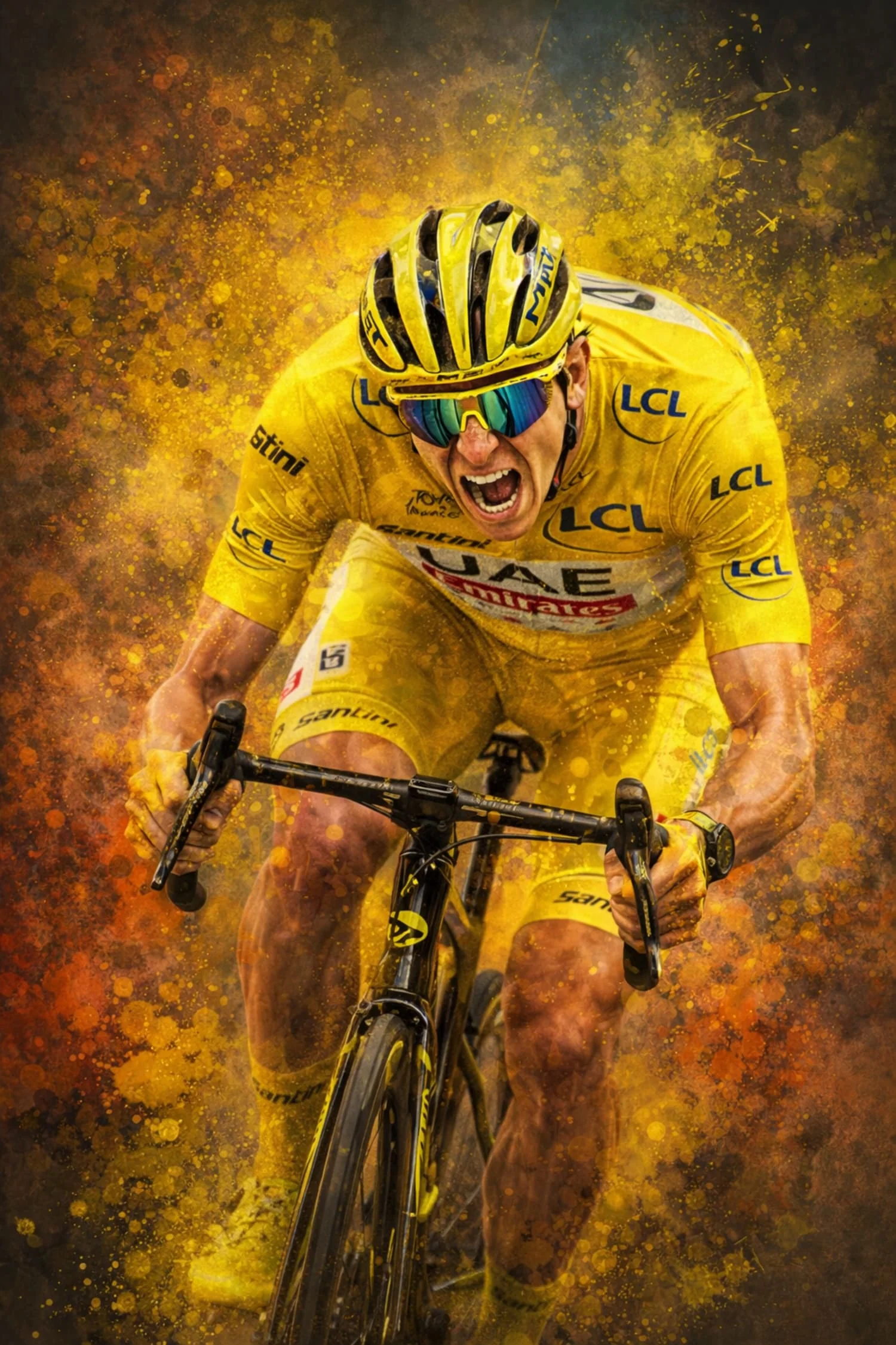 Cycling Athlete Art | Intense Sports Poster | Vibrant Yellow Kit | Adrenaline Race Poster | Splattered Paint Effect | Bike Enthusiast Wall Art | Team Branding Print | Sporty Decor | Home Gym Poster - Image 4