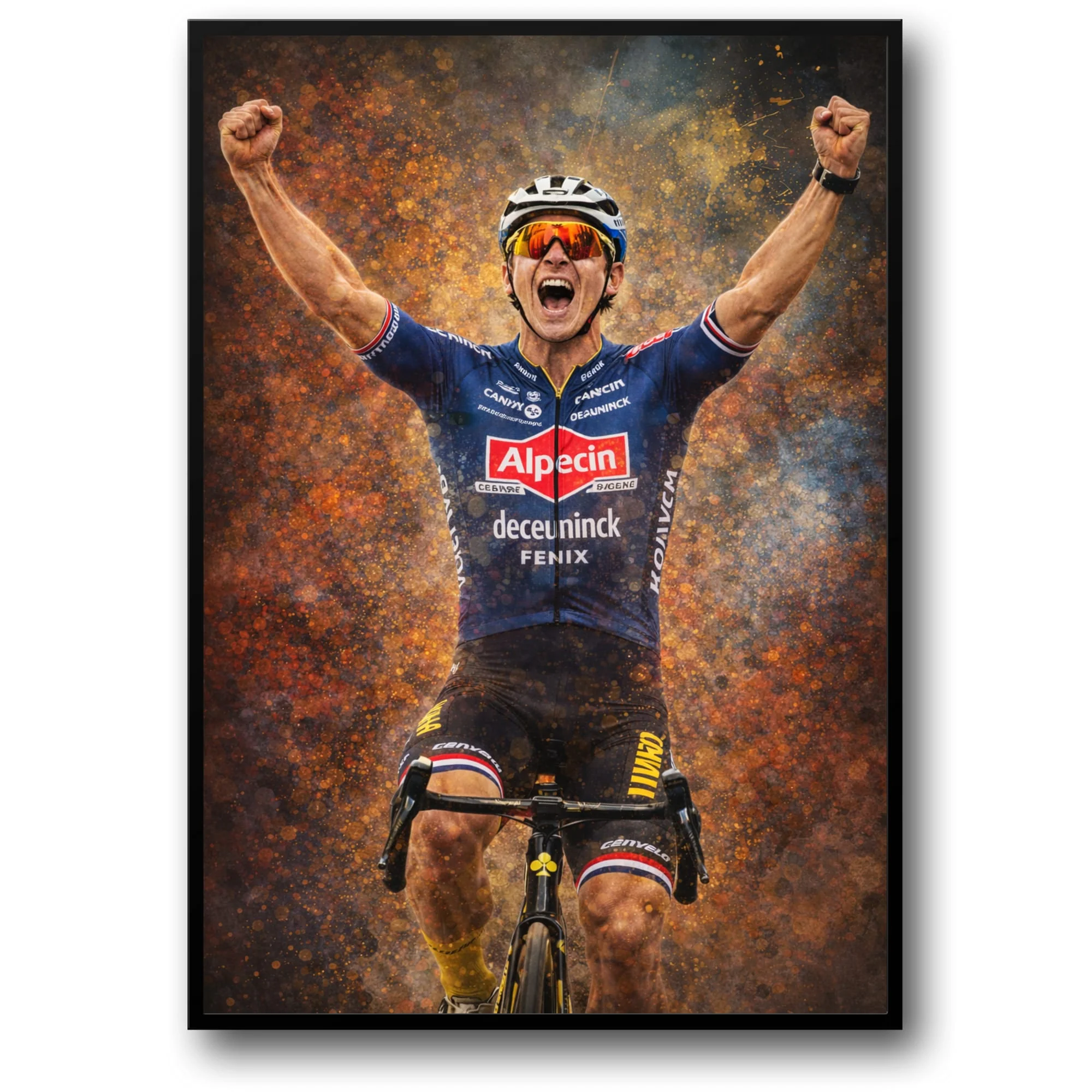 Cyclist Triumph | Professional Rider in Alpecin-Deceuninck Kit | Vivid Orange & Blue Explosive Background | Sports Decor Wall Art | Victory & Athletic Pride Poster Print