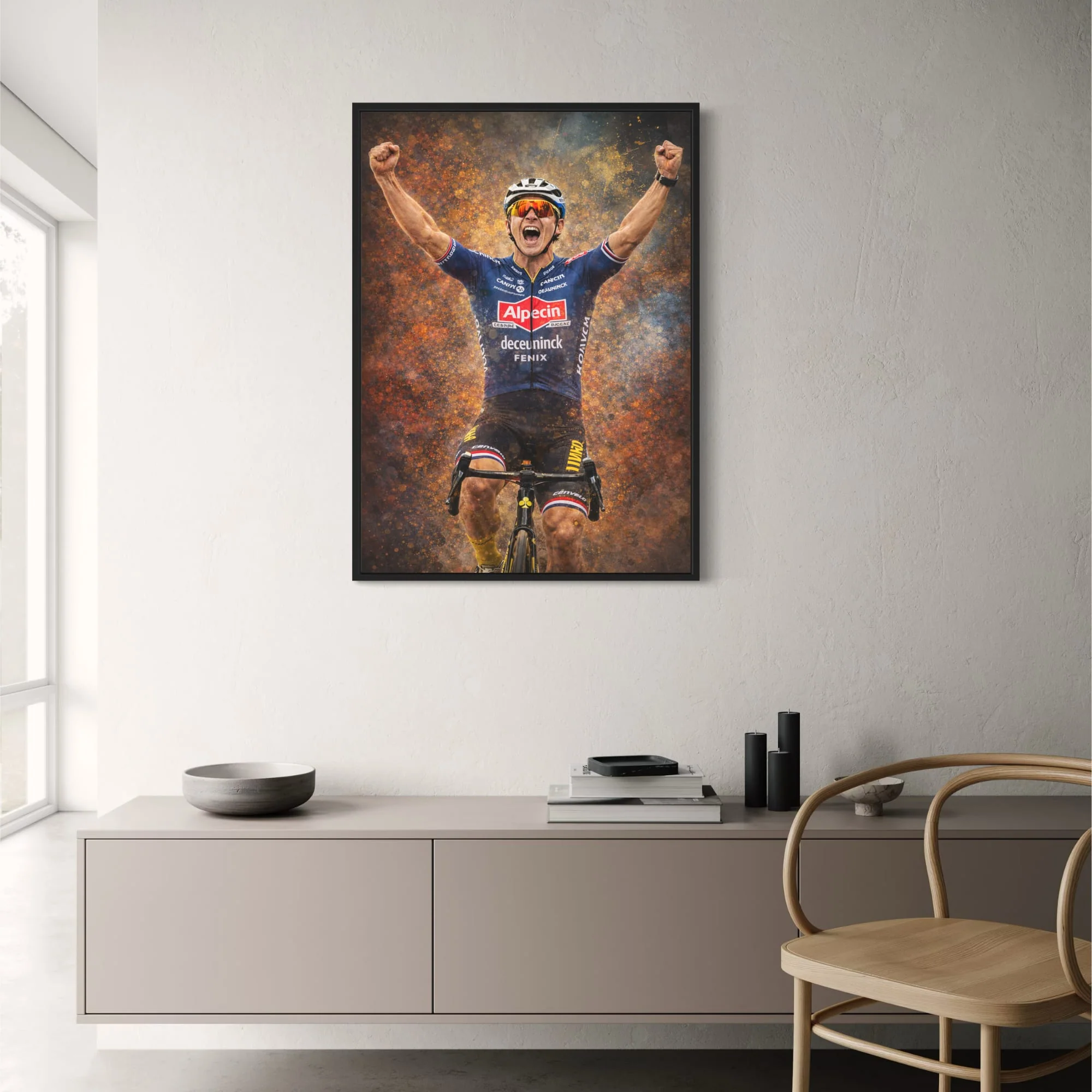 Cyclist Triumph | Professional Rider in Alpecin-Deceuninck Kit | Vivid Orange & Blue Explosive Background | Sports Decor Wall Art | Victory & Athletic Pride Poster Print - Image 2