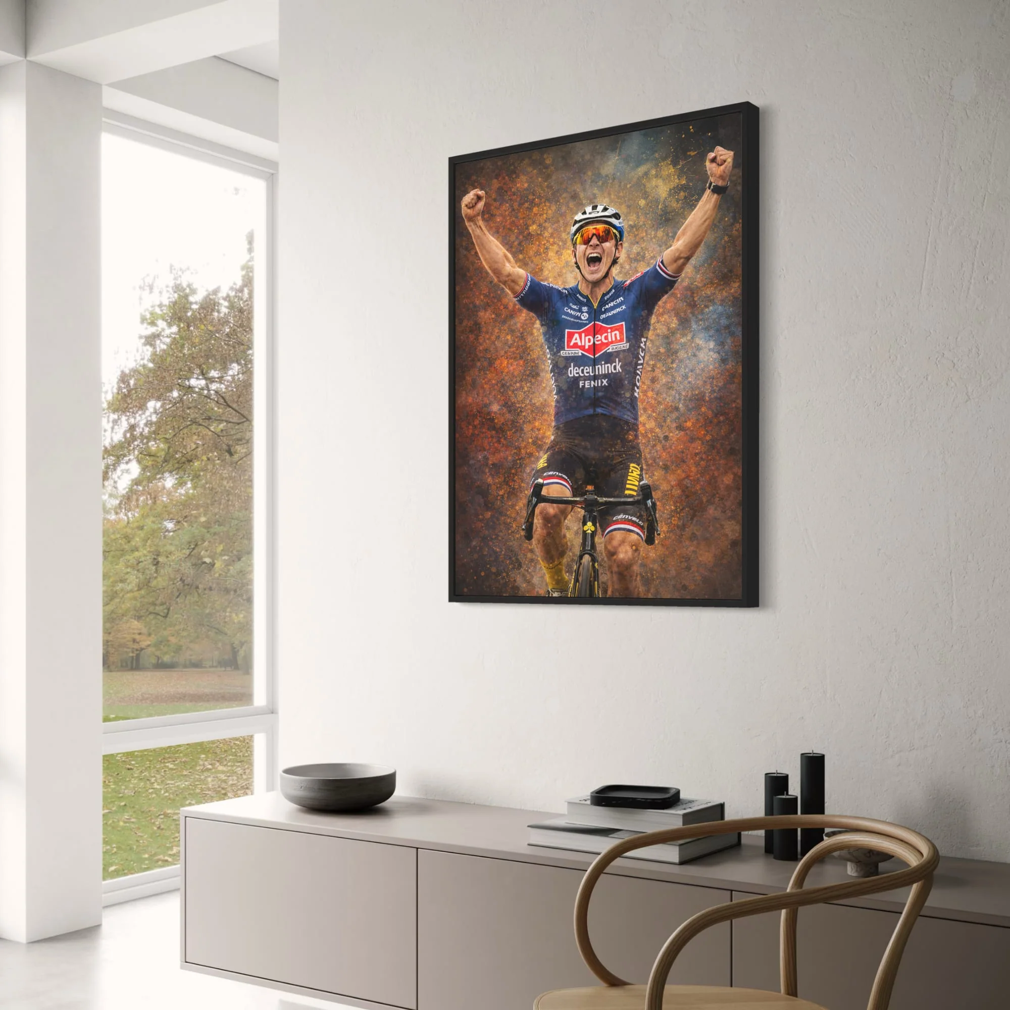 Cyclist Triumph | Professional Rider in Alpecin-Deceuninck Kit | Vivid Orange & Blue Explosive Background | Sports Decor Wall Art | Victory & Athletic Pride Poster Print - Image 3