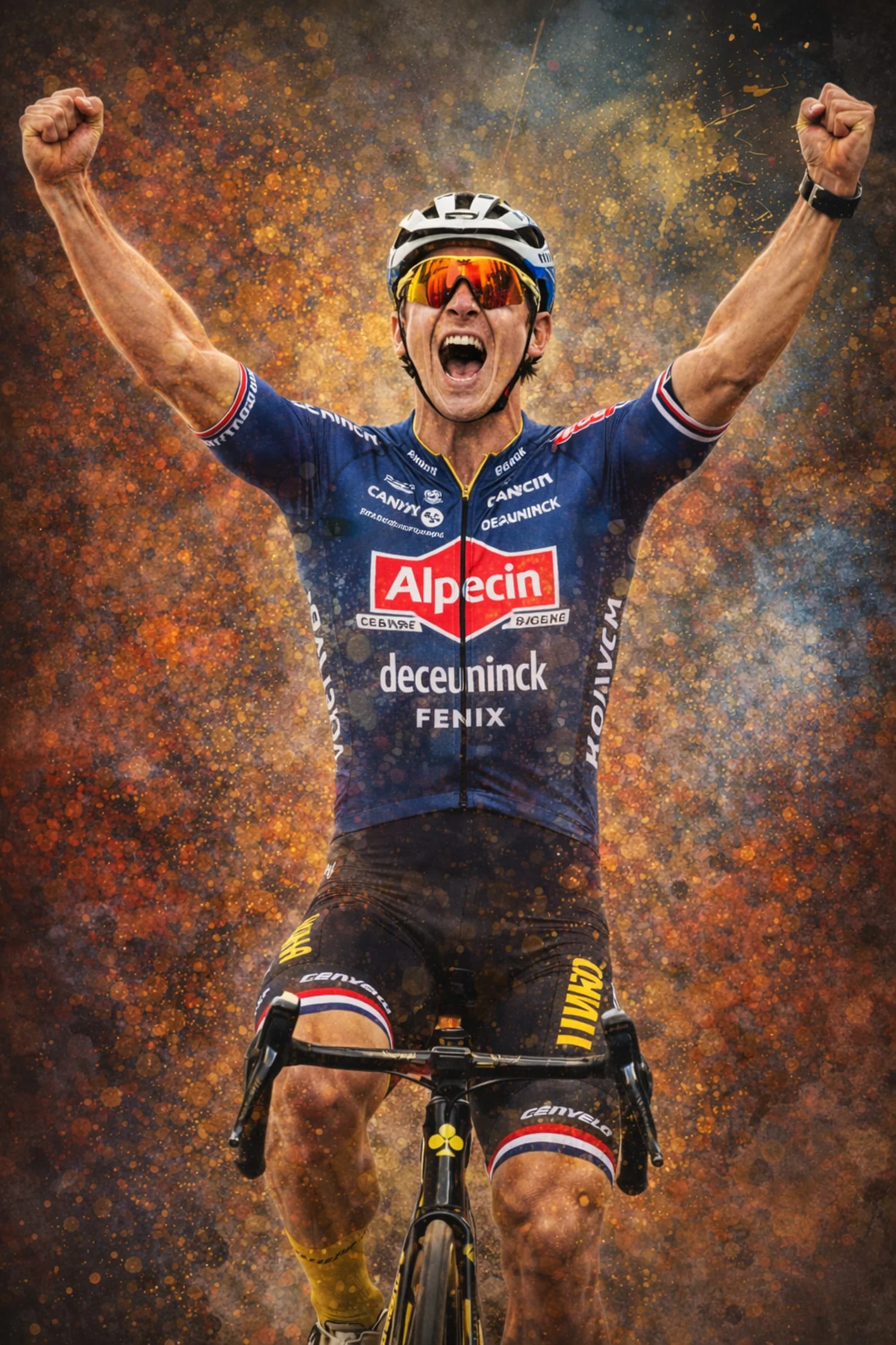 Cyclist Triumph | Professional Rider in Alpecin-Deceuninck Kit | Vivid Orange & Blue Explosive Background | Sports Decor Wall Art | Victory & Athletic Pride Poster Print - Image 4