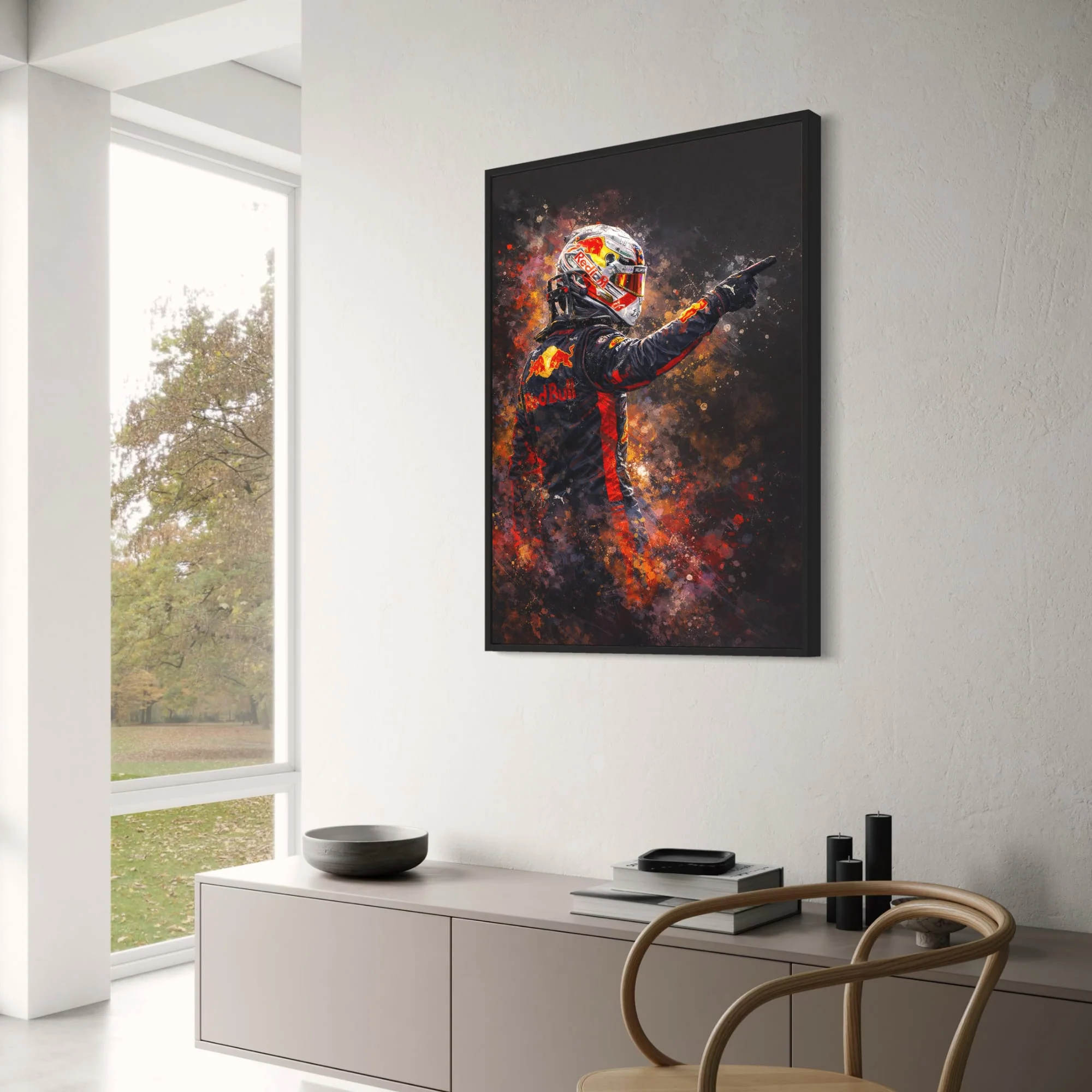 Max Verstappen | Racing Driver Artwork | Motorsport Print | Red Bull Branding | Vibrant Red & Black | Splatter Art Background | High-Speed Energy | Decorative Poster - Image 3