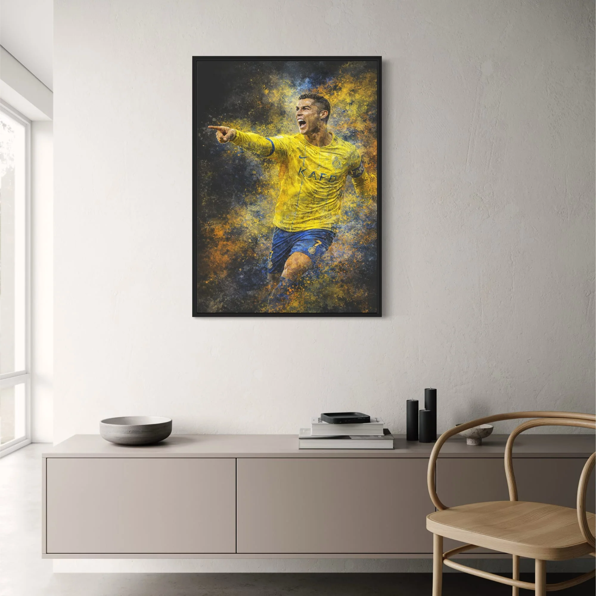 Cristiano Ronaldo | Soccer Art | Vibrant Poster with Athlete in Yellow & Blue | Unique Paint Splatter | Inspirational Home Decor | Action Print for Sports Enthusiasts & Art Lovers | Motivational Wall Artwork - Image 2