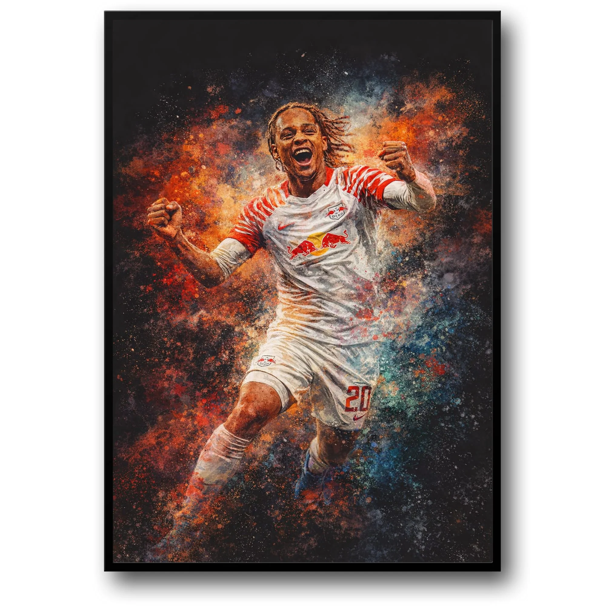 Yussuf Poulsen | Soccer Canvas | Energetic Football Art Decor | Vibrant Soccer Celebration Poster | Red Bull Leipzig Themed Print | Perfect Wall Art for Sports Bars | Inspirational Decor for Football Enthusiasts