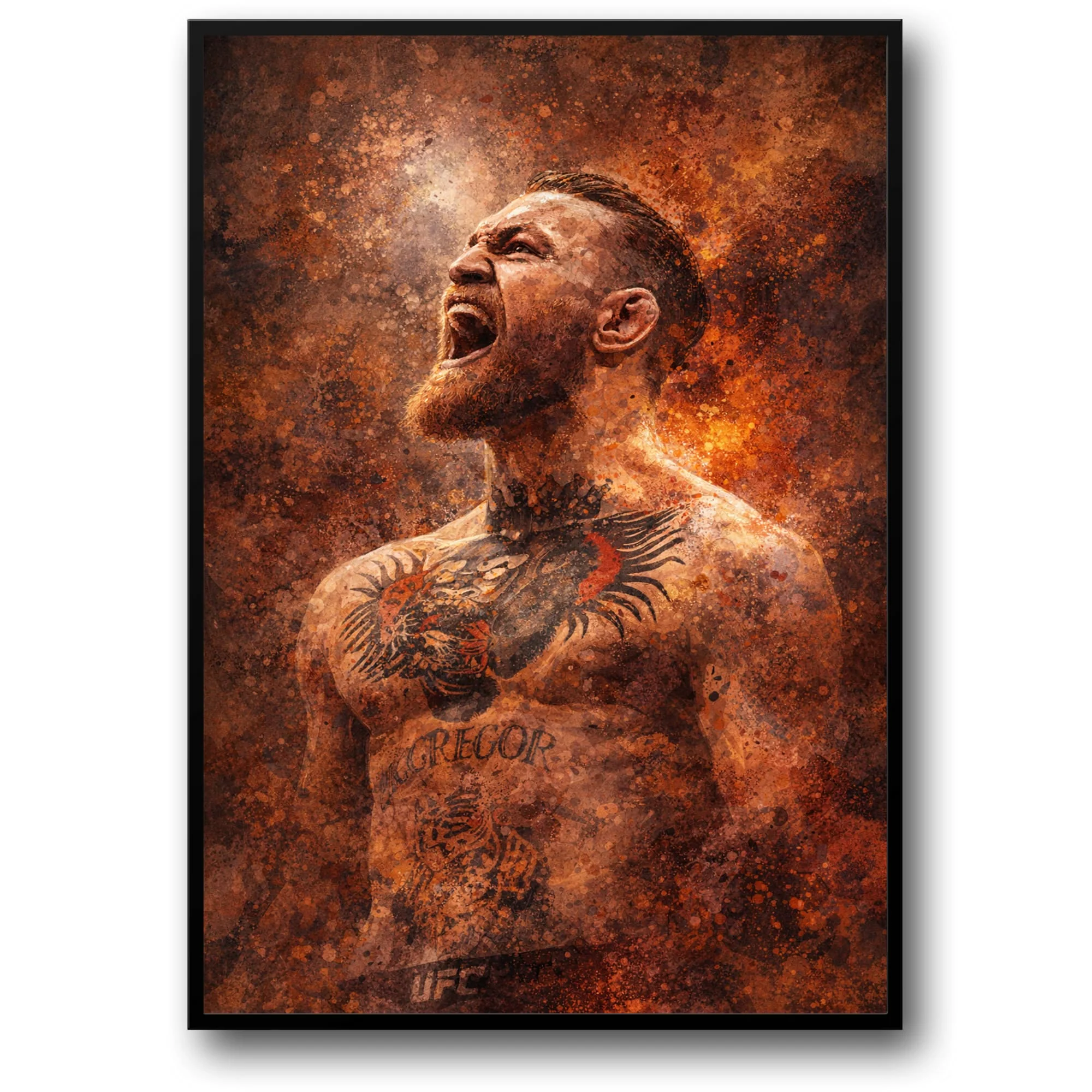 Conor McGregor | UFC Fighter Poster | Bold Shouting Pose with Intricate Tattoo and Fiery Abstract Design | Ideal for Enthusiasts | Vibrant Martial Arts Art Print for Decor Enthusiasts