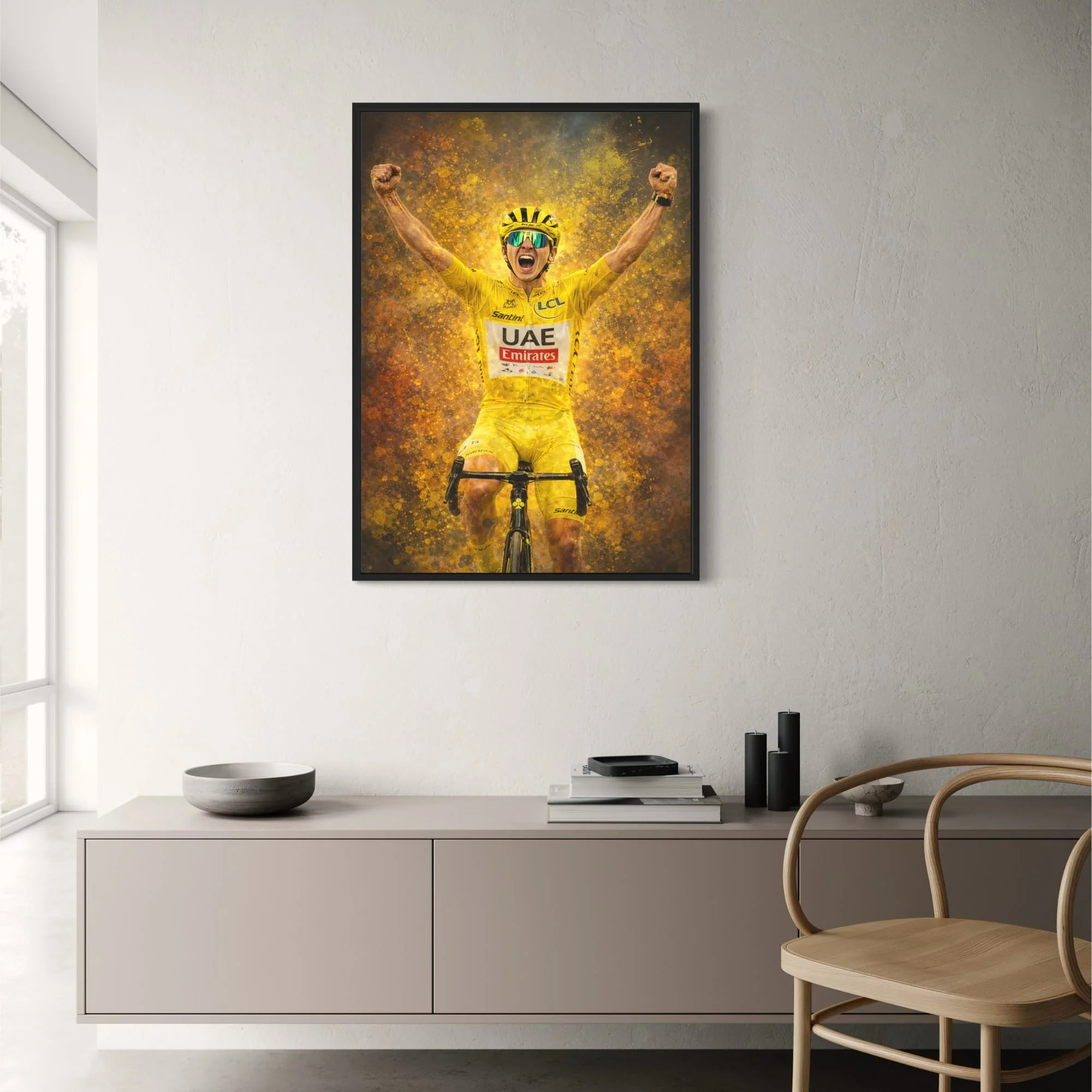 Tadej Pogačar | Enthusiastic Cyclist Poster | Celebratory Racing Bicycle Print | Vibrant Yellow Jersey | UAE Emirates & Santini Branding | Energetic Pose Against Abstract Background | Competitive Spirit Artwork - Image 2