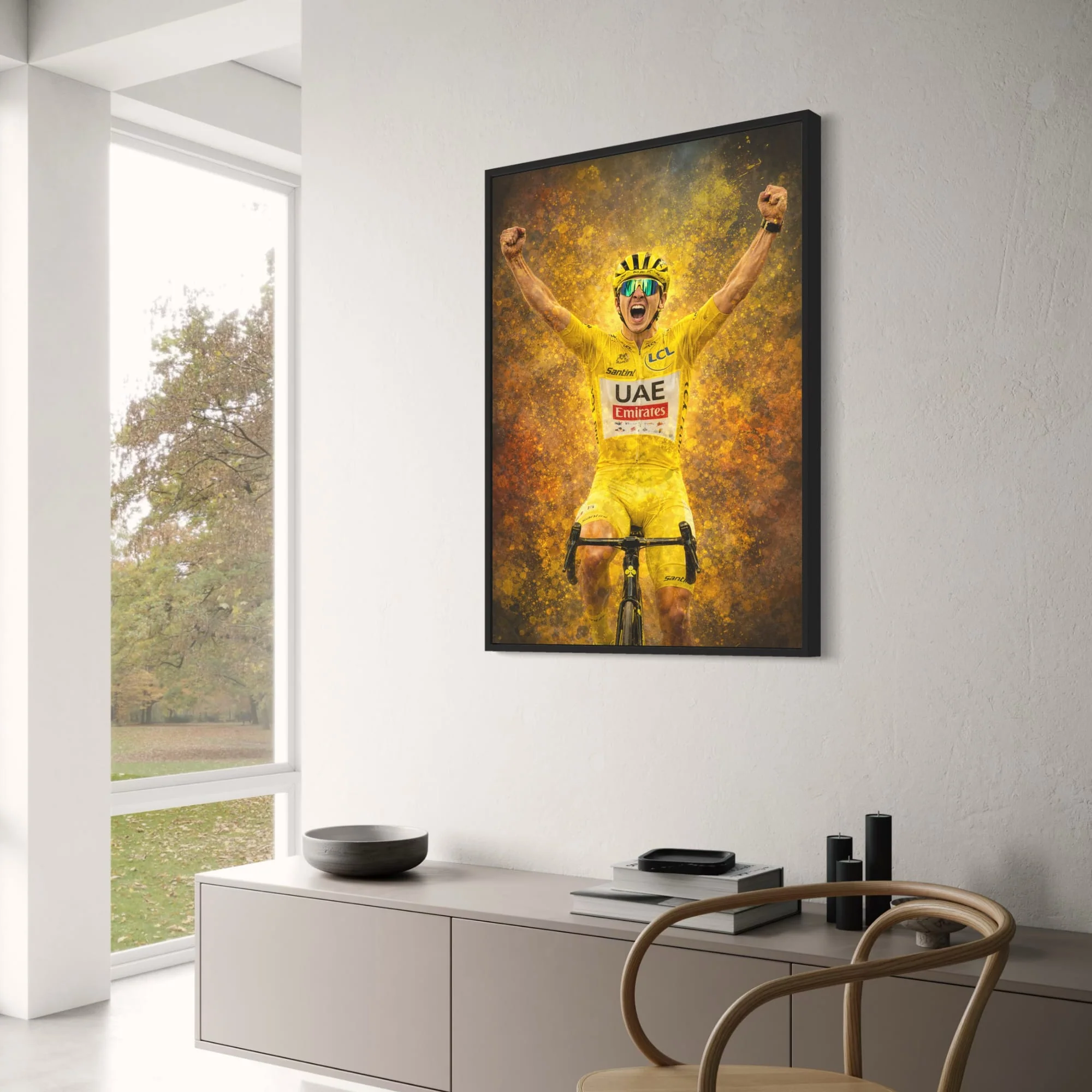 Tadej Pogačar | Enthusiastic Cyclist Poster | Celebratory Racing Bicycle Print | Vibrant Yellow Jersey | UAE Emirates & Santini Branding | Energetic Pose Against Abstract Background | Competitive Spirit Artwork - Image 3