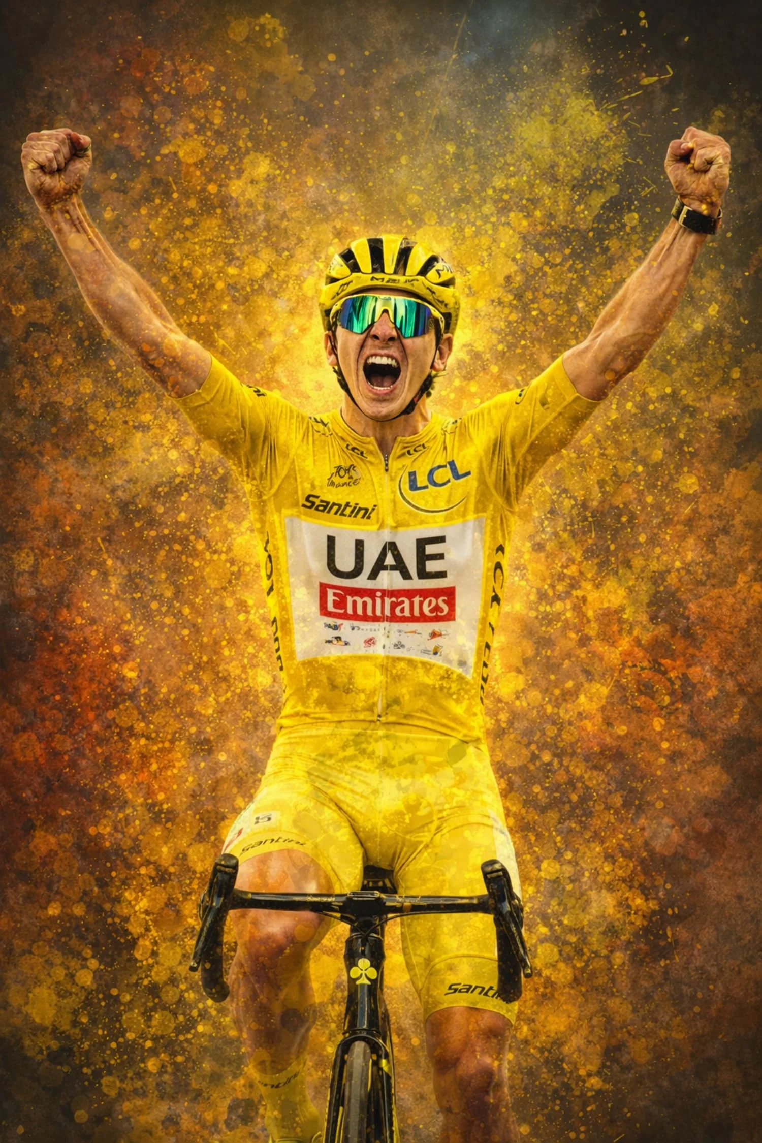 Tadej Pogačar | Enthusiastic Cyclist Poster | Celebratory Racing Bicycle Print | Vibrant Yellow Jersey | UAE Emirates & Santini Branding | Energetic Pose Against Abstract Background | Competitive Spirit Artwork - Image 4