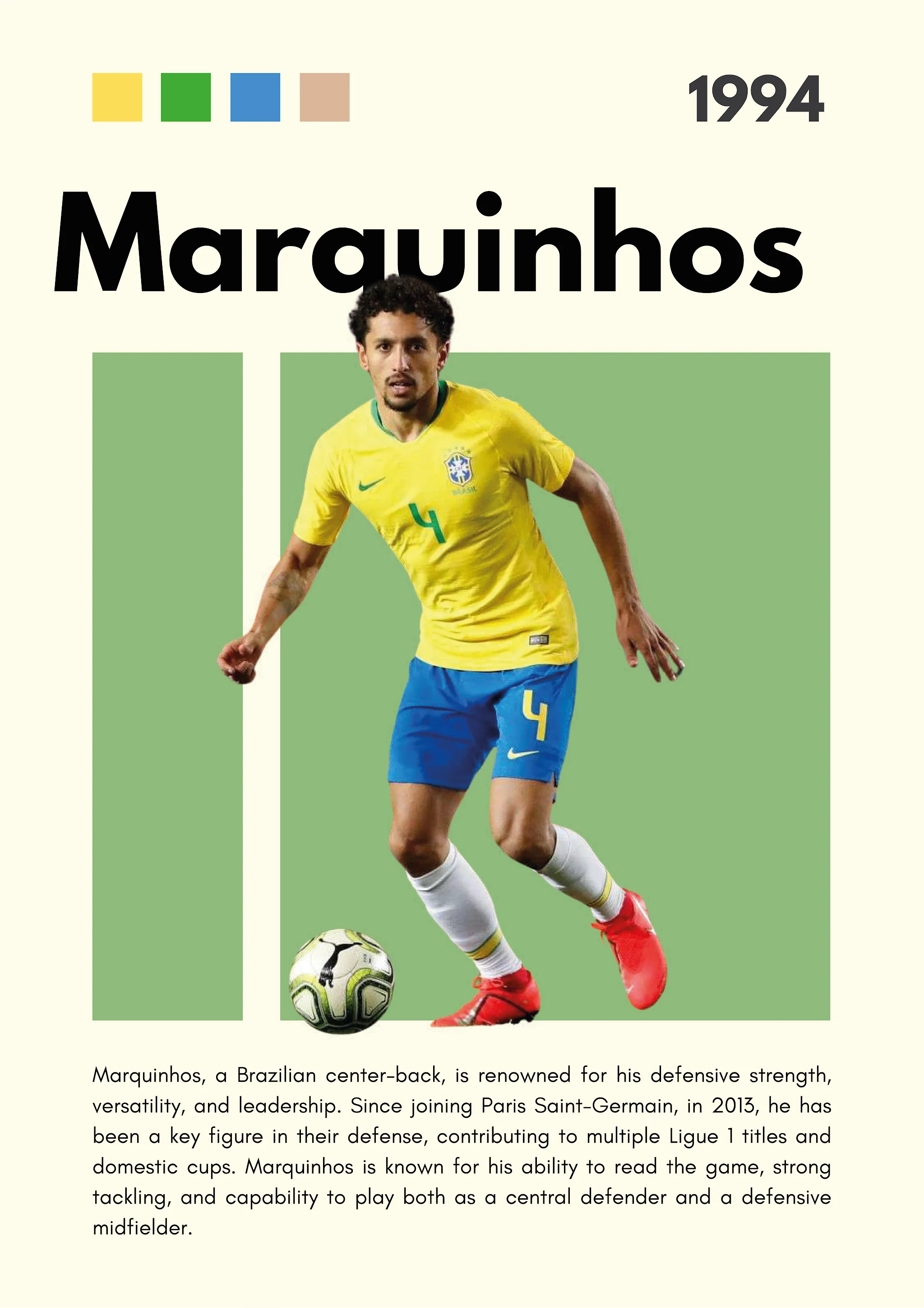 Marquinhos | Brazil National Team | Iconic No. 4 | Yellow Blue Kit - Image 4