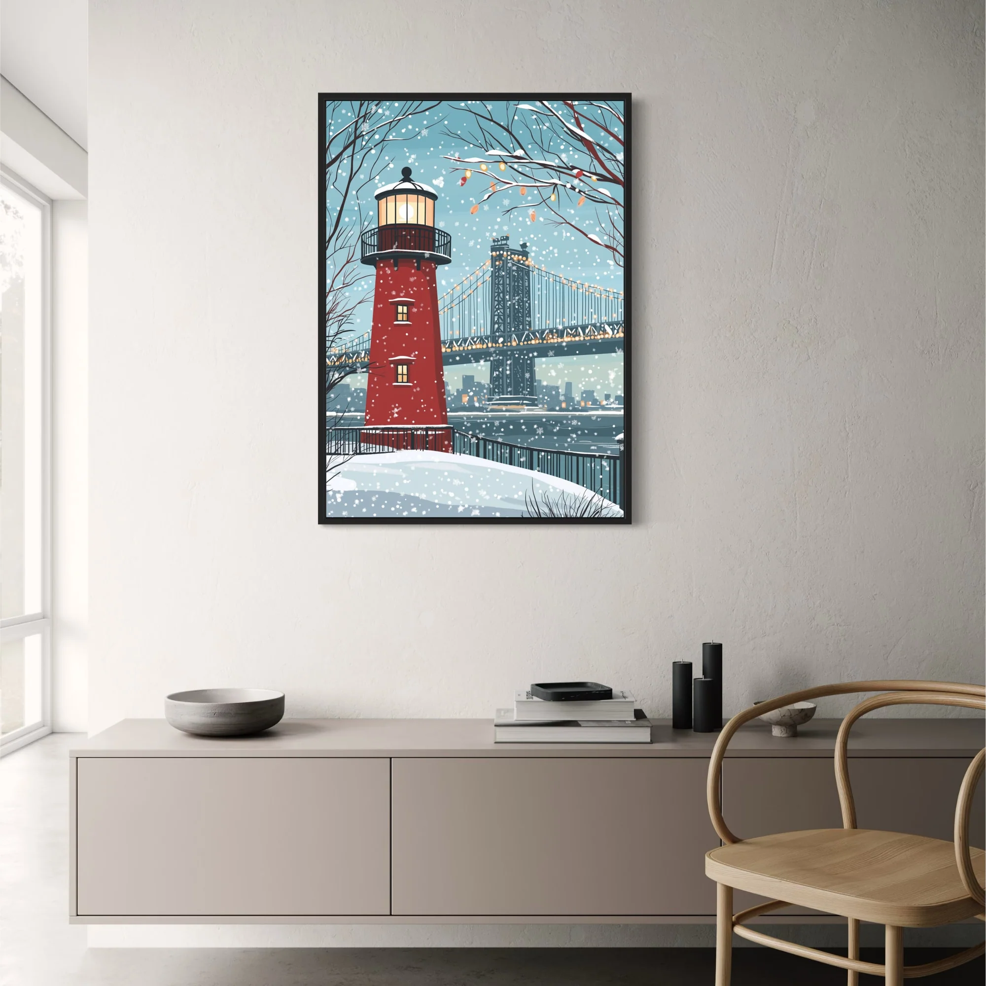 Red Lighthouse | Winter Wonderland Cityscape - Image 2