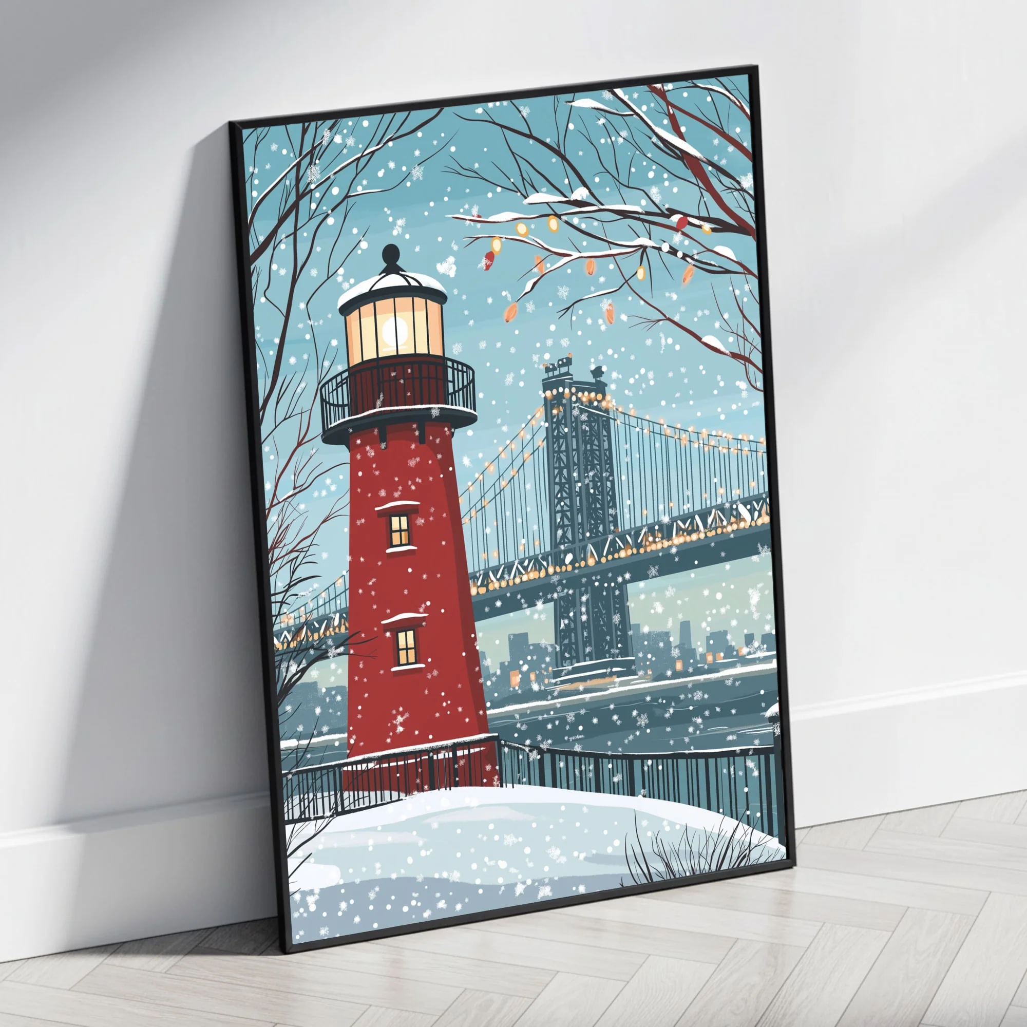 Red Lighthouse | Winter Wonderland Cityscape - Image 4