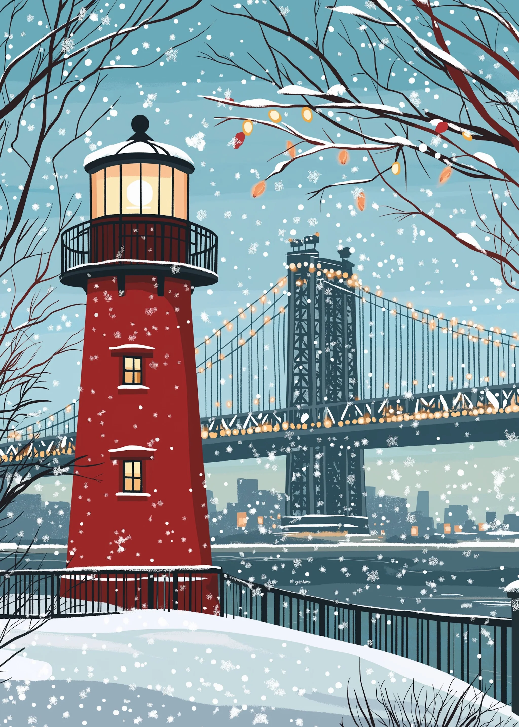 Red Lighthouse | Winter Wonderland Cityscape - Image 5