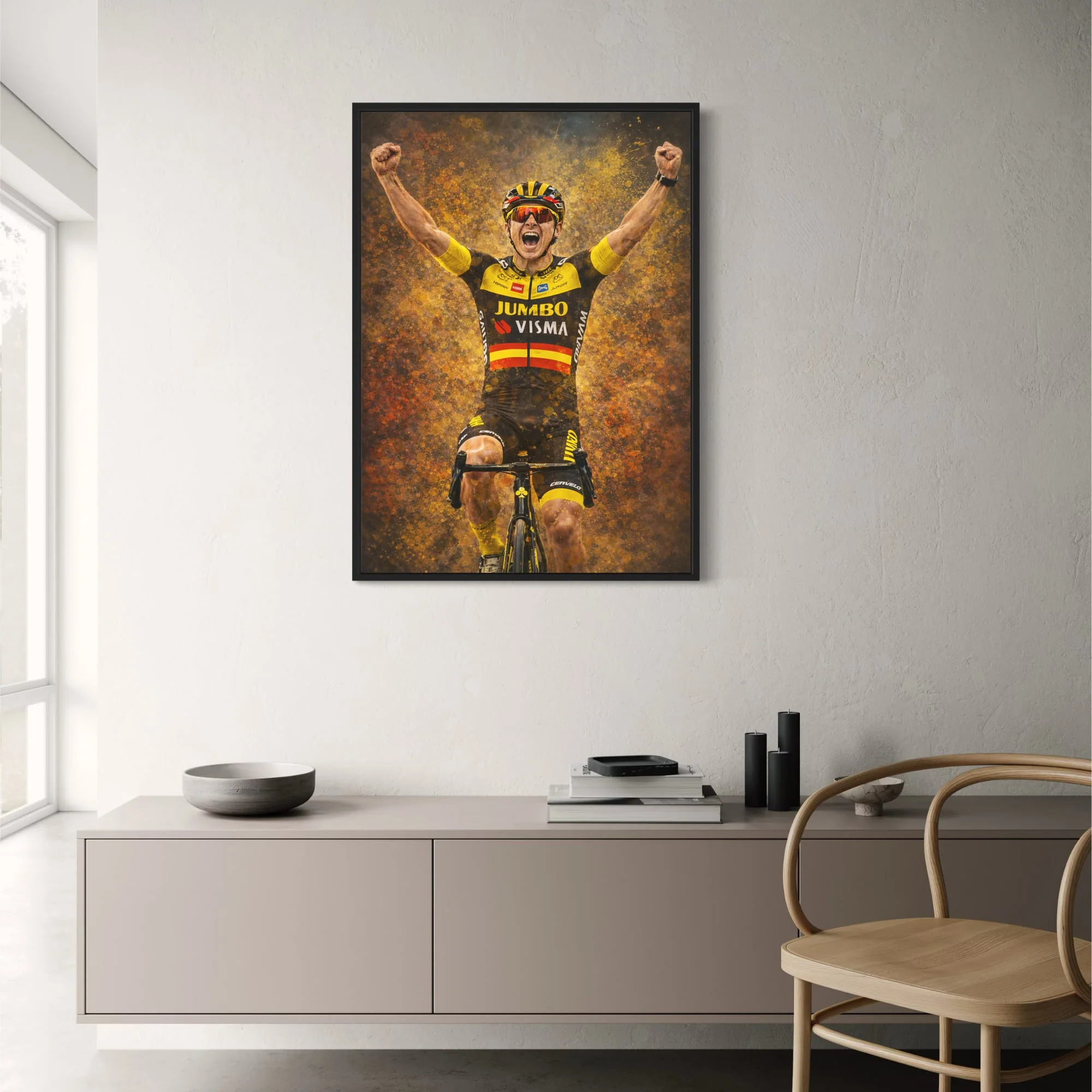Triumphant Cyclist Art | Jumbo-Visma Team Racing Kit | Sports Scene | Vibrant Yellow Orange Accents | Motivational Poster | Cycling Enthusiasts Wall Decor | High-Resolution Print - Image 2