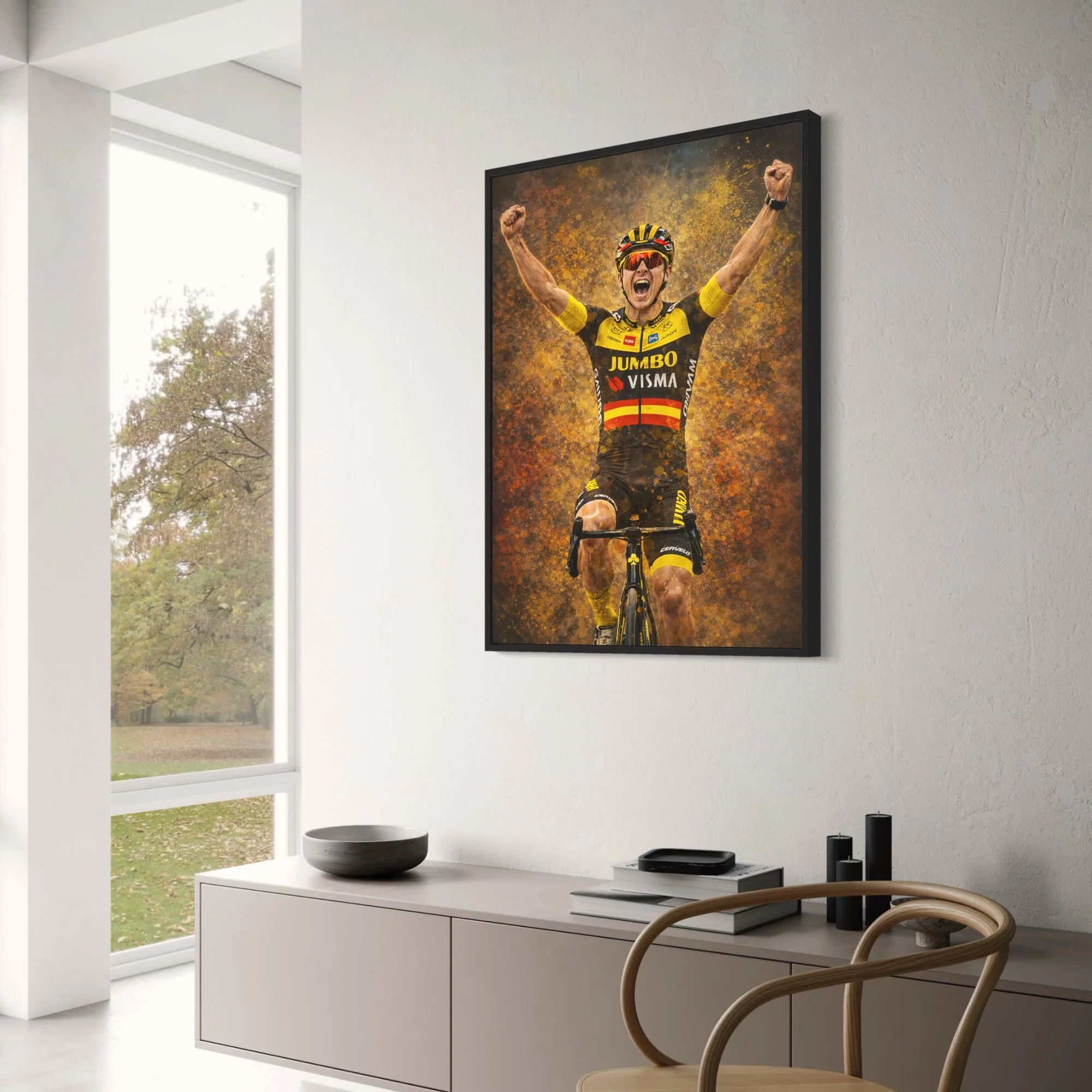 Triumphant Cyclist Art | Jumbo-Visma Team Racing Kit | Sports Scene | Vibrant Yellow Orange Accents | Motivational Poster | Cycling Enthusiasts Wall Decor | High-Resolution Print - Image 3