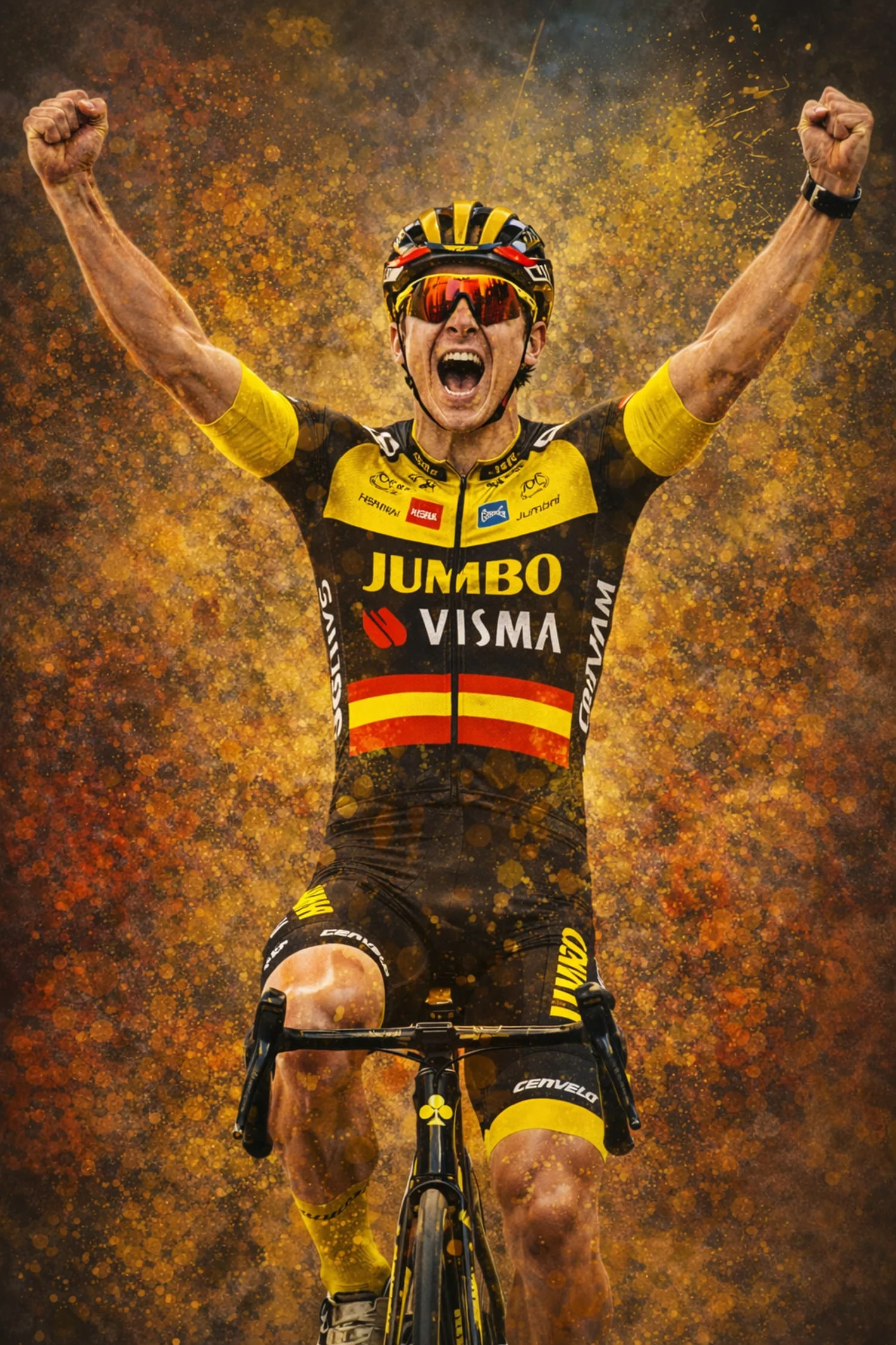 Triumphant Cyclist Art | Jumbo-Visma Team Racing Kit | Sports Scene | Vibrant Yellow Orange Accents | Motivational Poster | Cycling Enthusiasts Wall Decor | High-Resolution Print - Image 4