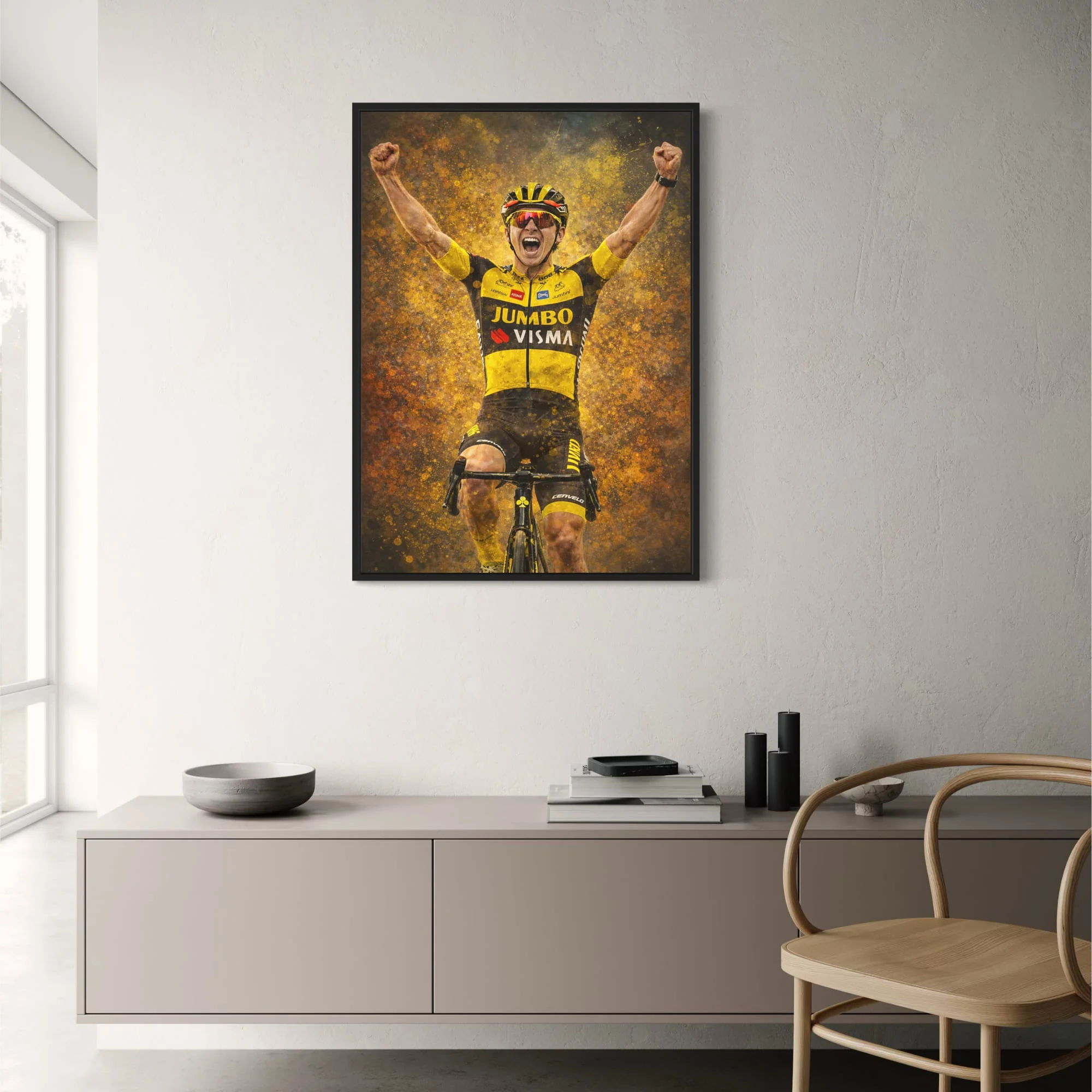 Triumphant Cyclist | Vibrant Jumbo Visma Team Gear | Intense Energy Burst | Sports Victory | Cycling Enthusiast | Cervélo Bike | Home Decor Poster Print - Image 2