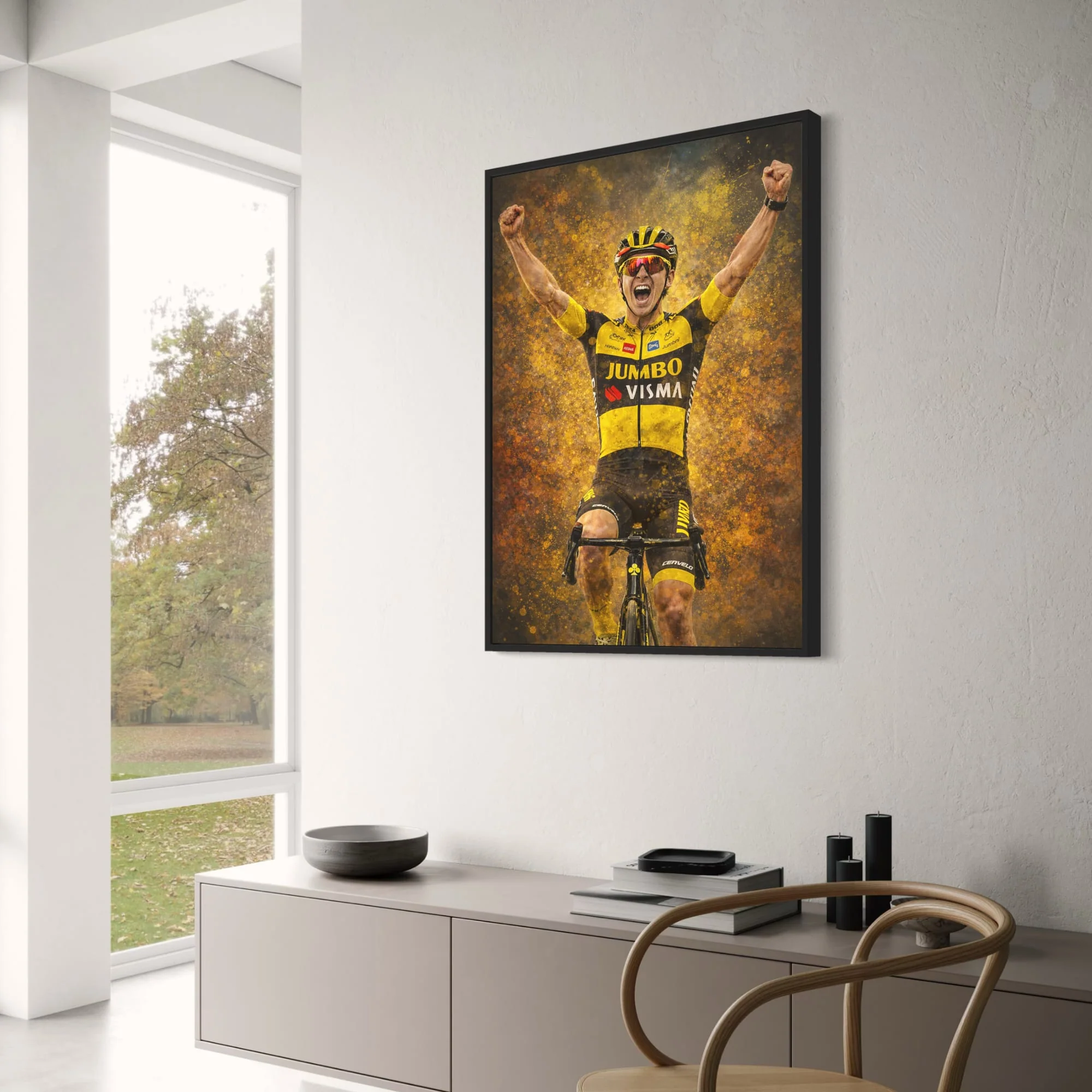 Triumphant Cyclist | Vibrant Jumbo Visma Team Gear | Intense Energy Burst | Sports Victory | Cycling Enthusiast | Cervélo Bike | Home Decor Poster Print - Image 3
