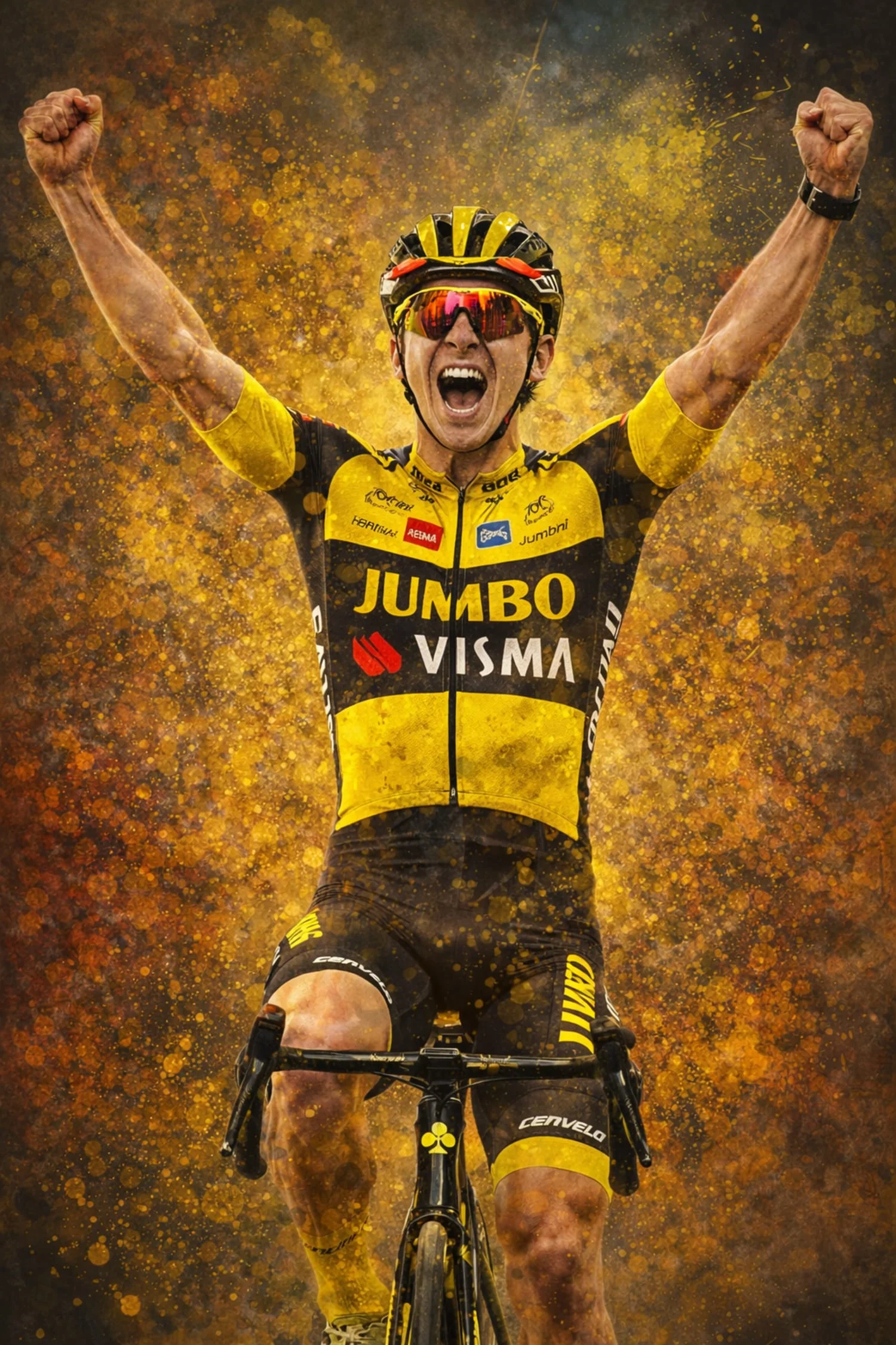 Triumphant Cyclist | Vibrant Jumbo Visma Team Gear | Intense Energy Burst | Sports Victory | Cycling Enthusiast | Cervélo Bike | Home Decor Poster Print - Image 4